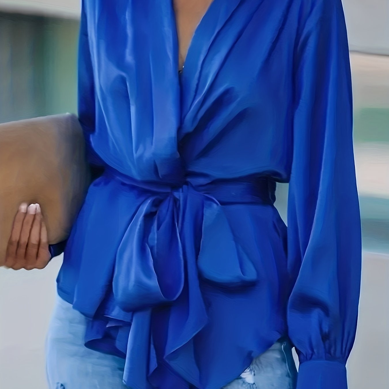 gbolsos Solid Ruched Belted Blouse, Casual Irregular Hem Long Sleeve Blouse For Spring & Fall, Women's Clothing
