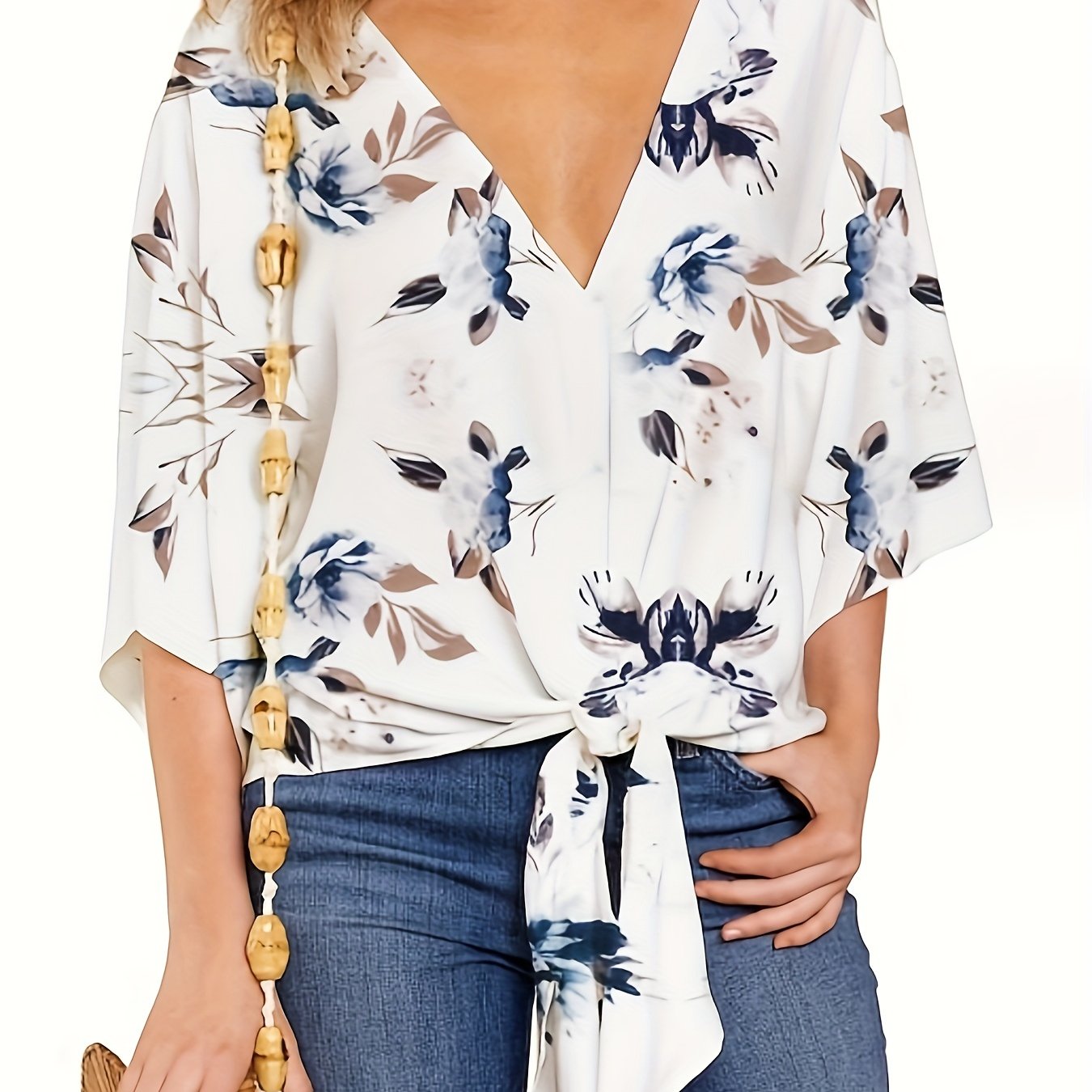 gbolsos Floral Print V-neck Blouse, Vacation Style Half Sleeve Blouse For Spring & Summer, Women's Clothing