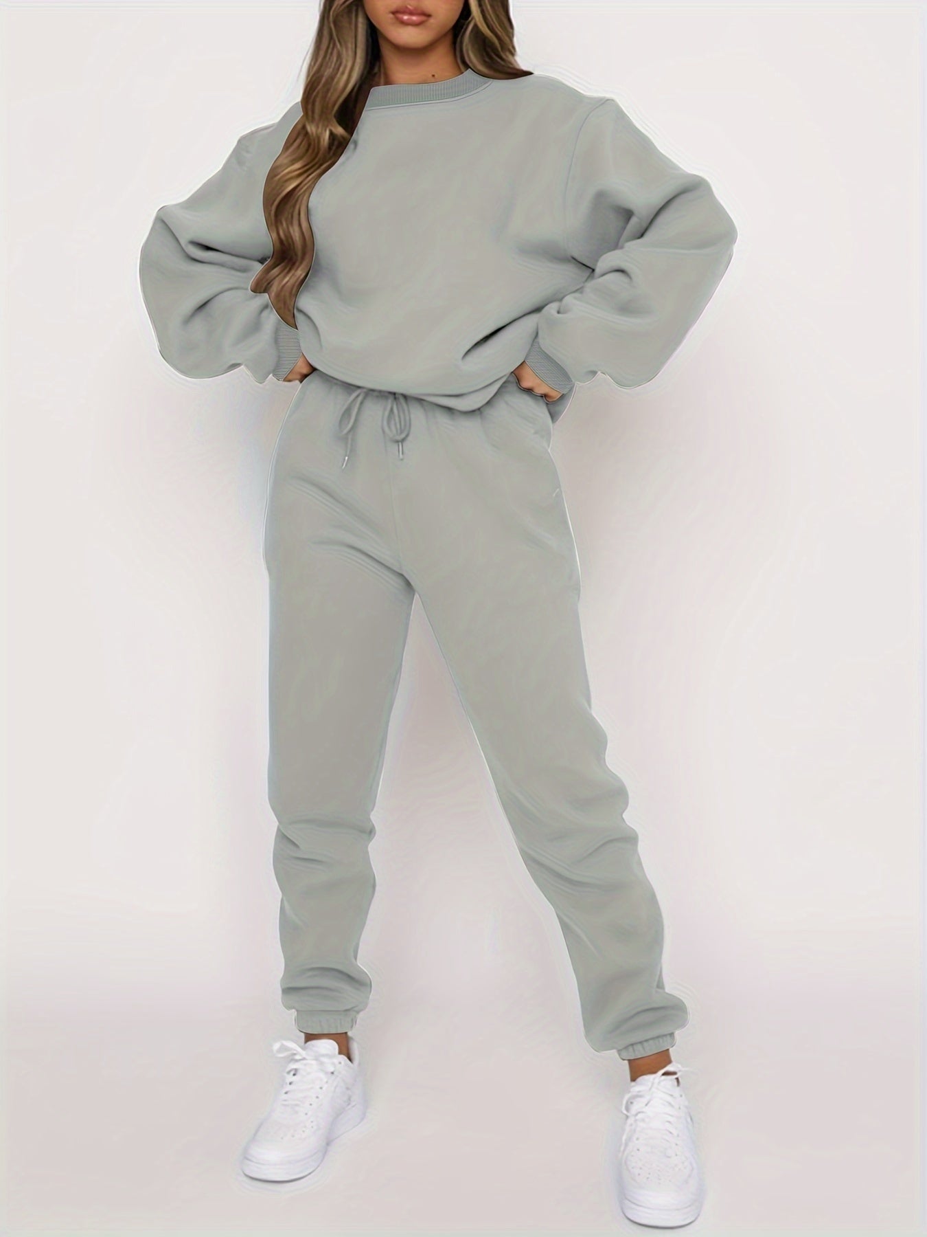 gbolsos Solid Casual Two-piece Set, Crew Neck Long Sleeve Tops & Drawstring Jogger Pants Oufits, Women's Clothing