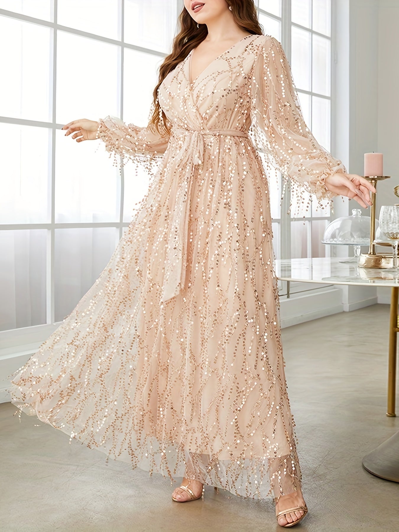 gbolsos Plus Size Elegant Bridesmaid Dress, Women's Plus Sequin Fringe Decor Lantern Sleeve Surplice Neck Belted Formal Party Maxi Dress