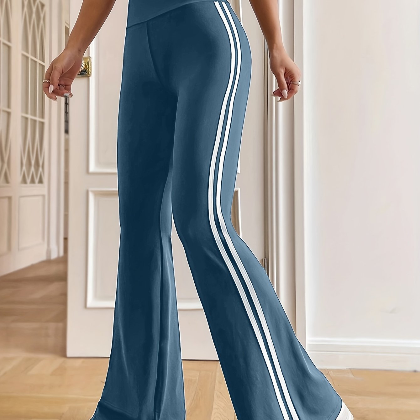 Side Striped Flare Leg Pants, Casual High Waist Pants, Women's Clothing