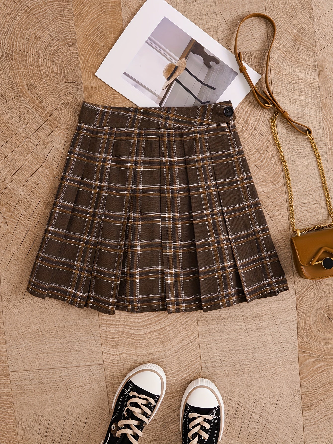 gbolsos Plaid Print Pleated Skirt, Casual Every Day Mini Skirt, Women's Clothing