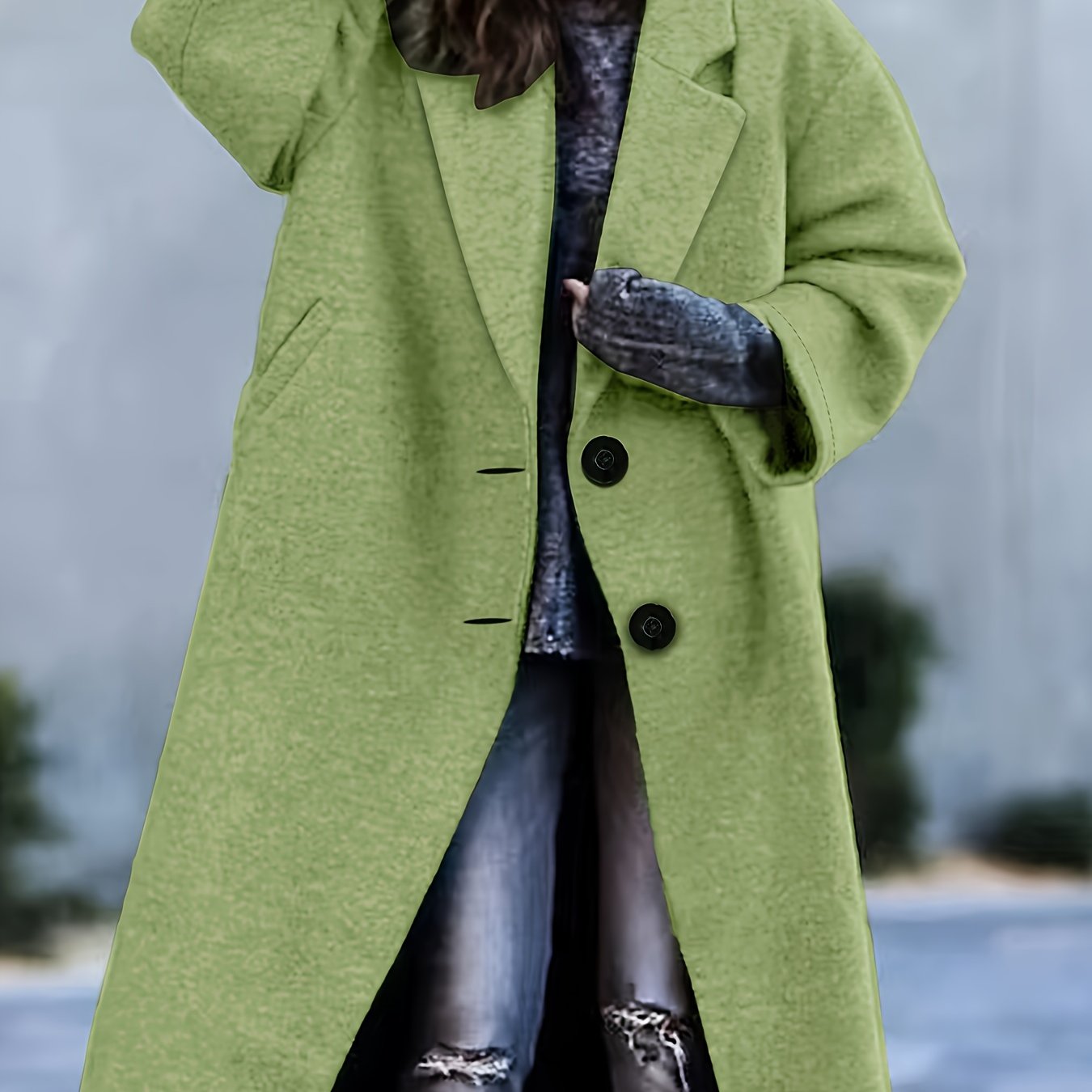 Plus Size Casual Coat, Women's Plus Solid Button Up Long Sleeve Lapel Collar Long Coat
