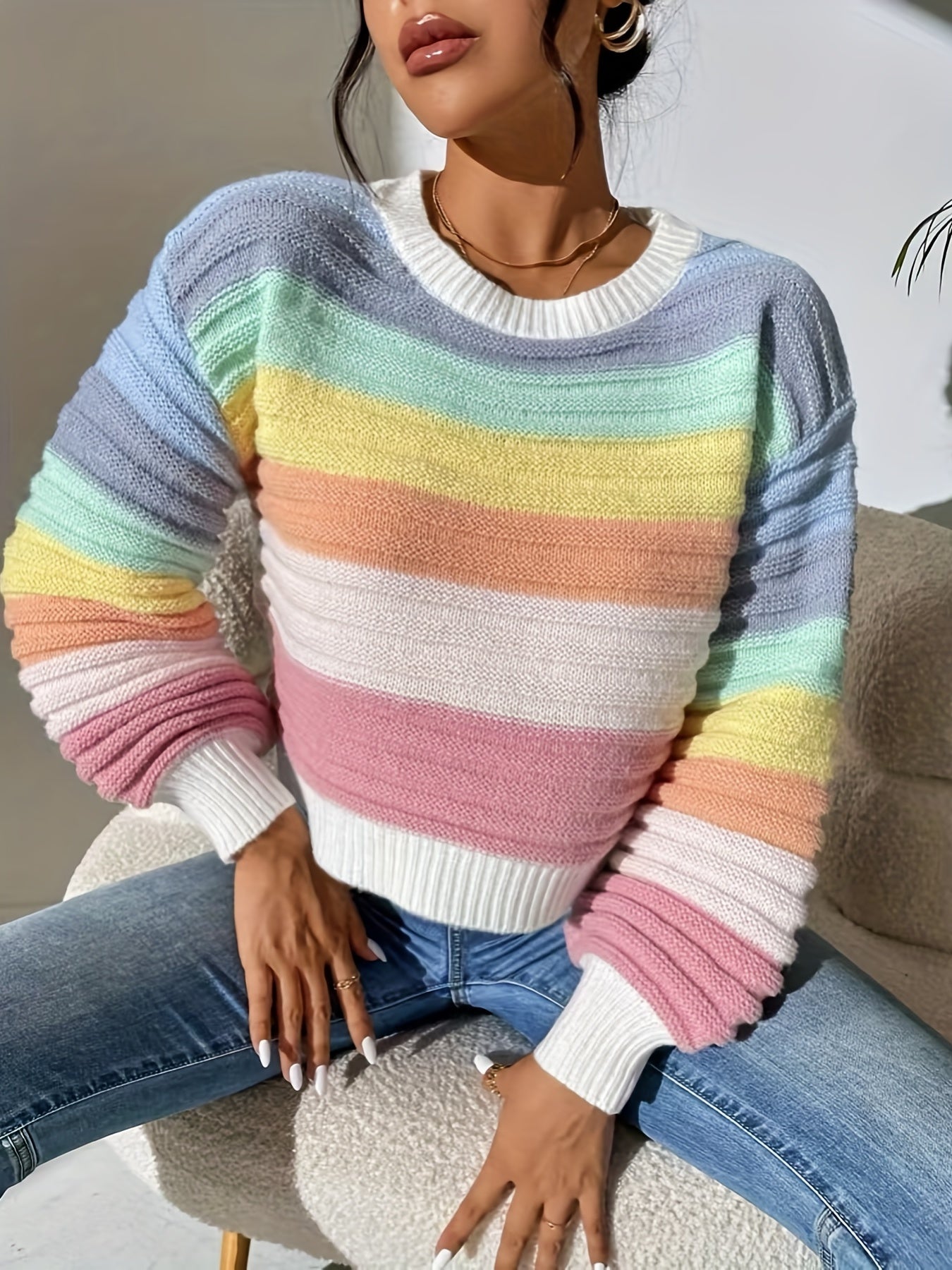 gbolsos Striped Pattern Crew Neck Sweater, Casual Long Lantern Sleeve Sweater For Spring & Fall, Women's Clothing