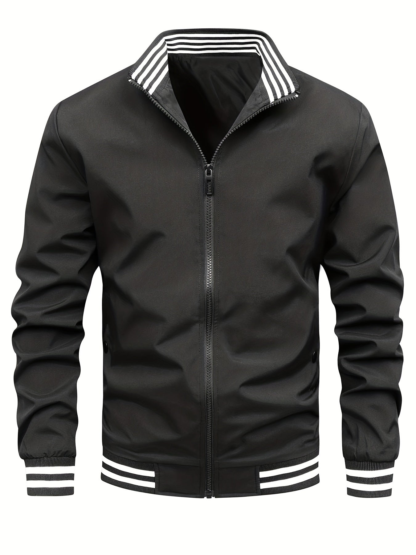 gbolsos Classic Design Bottom Striped Jacket, Men's Casual Zip Up Stand Collar Jacket For Spring Fall