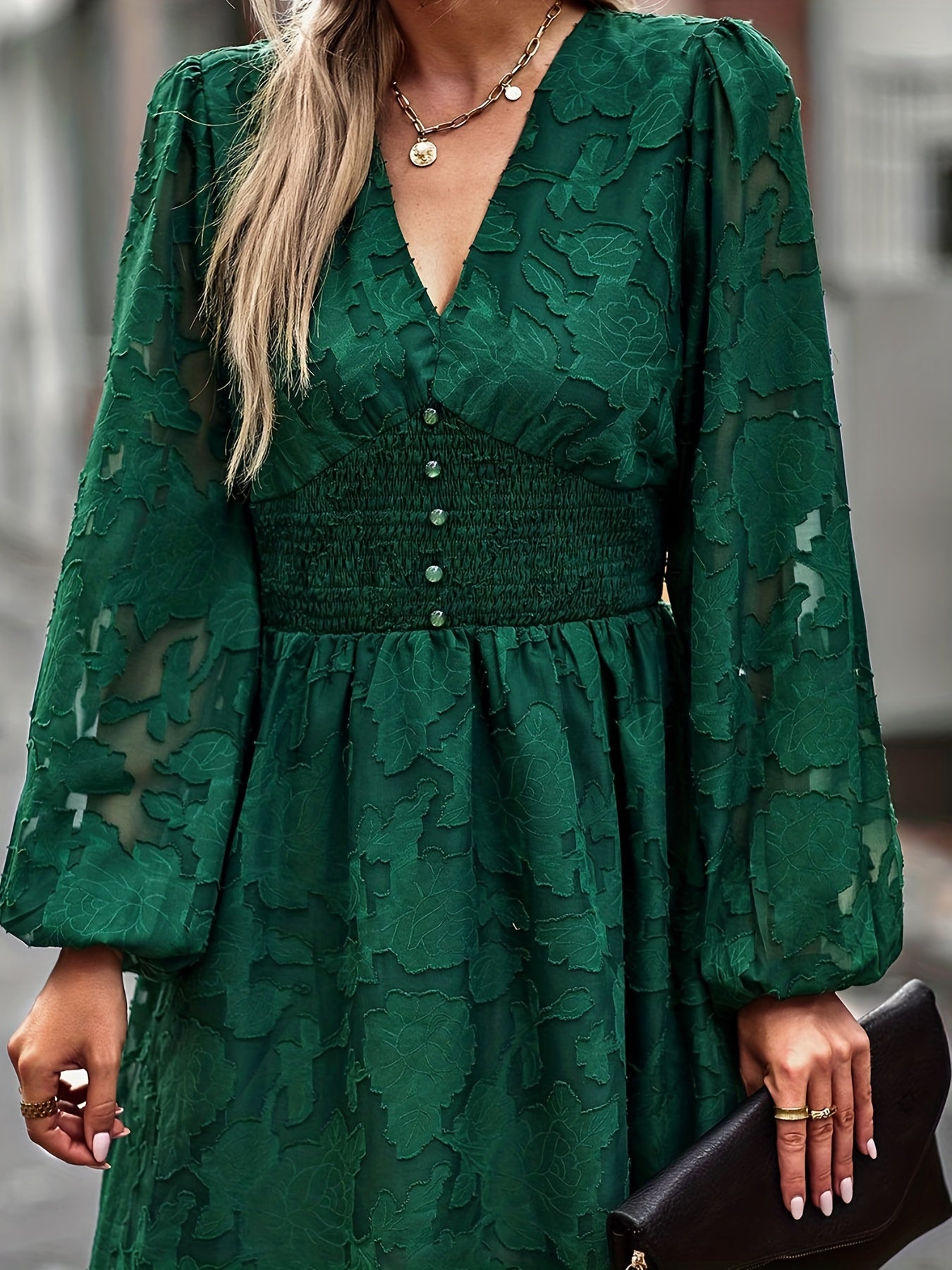 gbolsos Floral Jacquard Solid Dress, Elegant V Neck Long Sleeve Shirred Dress, Women's Clothing
