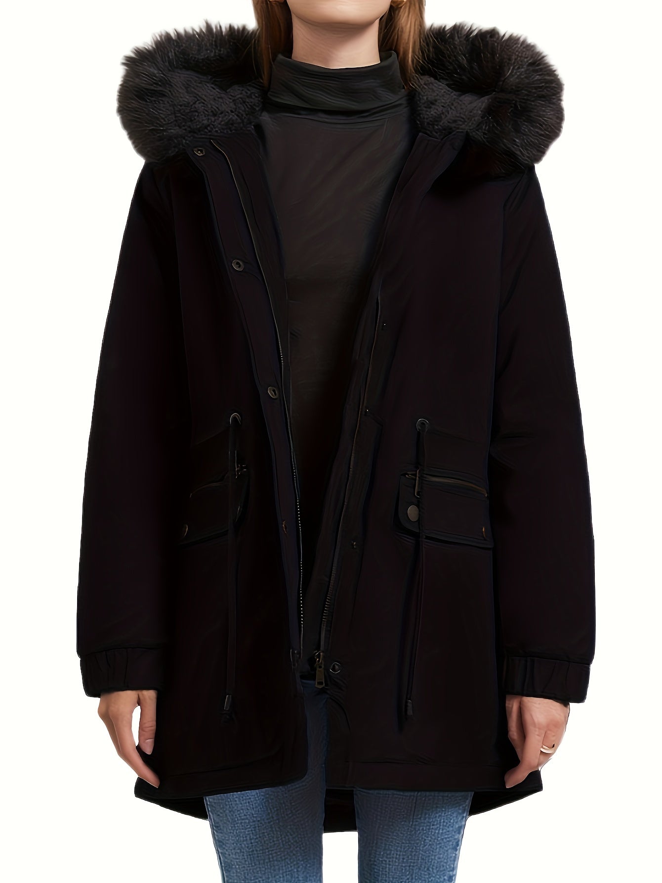 gbolsos Fluffy Trim Zip Up Jacket, Casual Long Sleeve Drawstring Winter Warm Outerwear, Women's Clothing