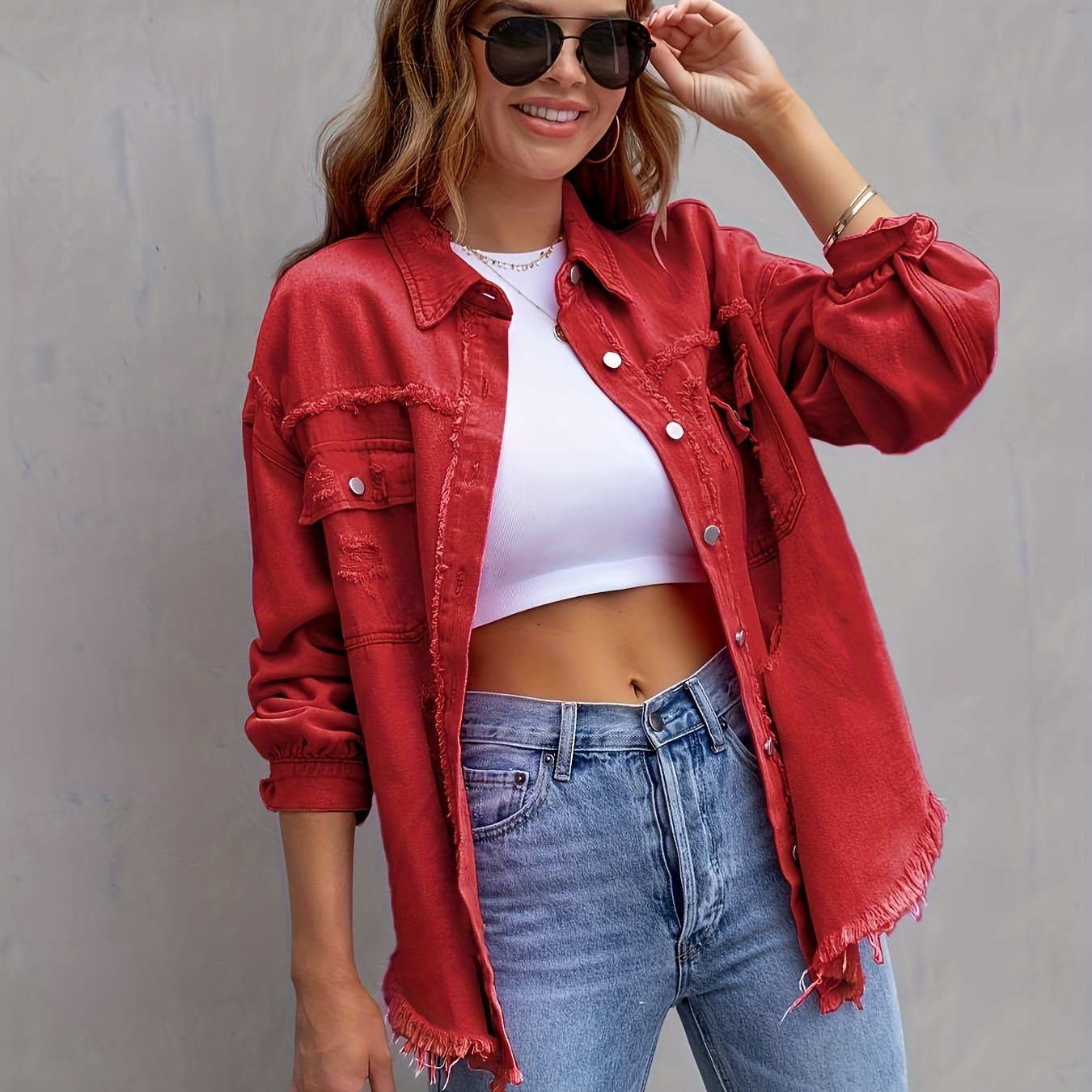 gbolsos Plain Ripped Holes Lapel Denim Jackets, Distressed Raw Hem Long Sleeves Casual Denim Coats, Women's Denim Clothing