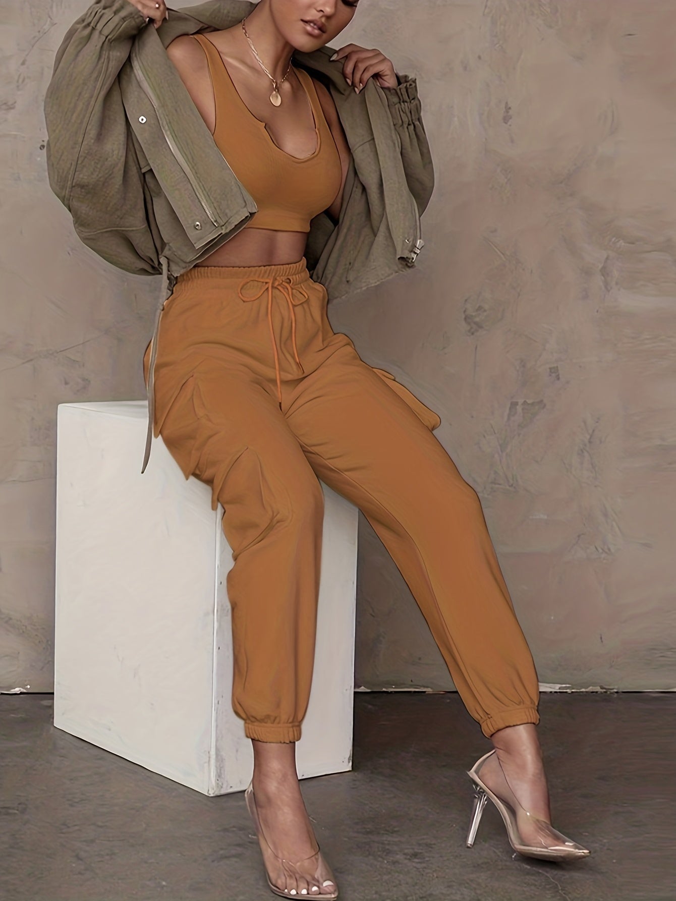 gbolsos Drawstring Baggy Cargo Pants, Casual High Waist Flap Pockets Pants, Women's Clothing