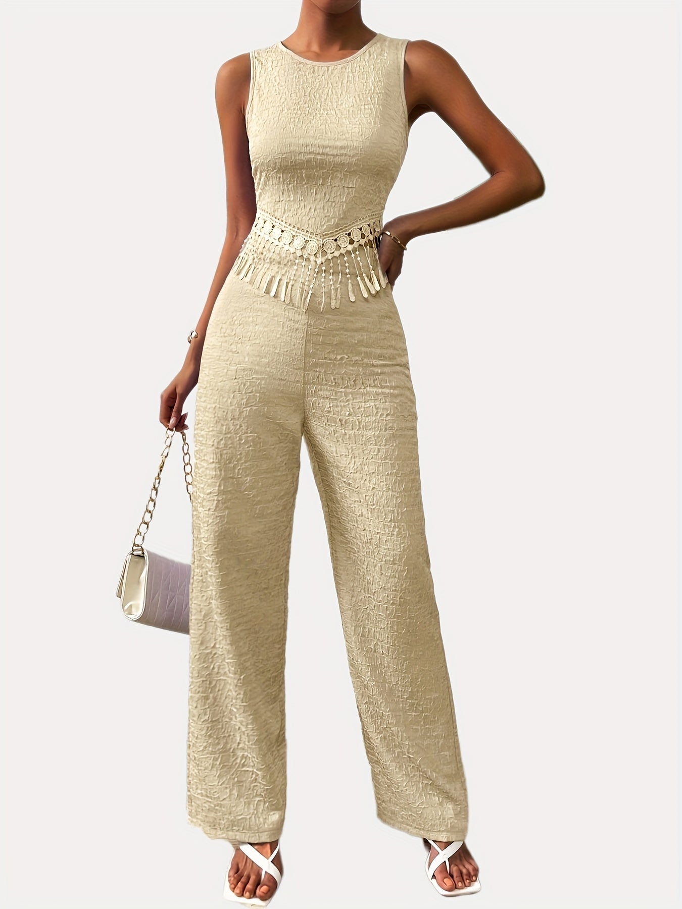 gbolsos Casual Solid Two-piece Set, Tassel Sleeveless Crew Neck Tops & Wide Leg Pants Outfits, Women's Clothing