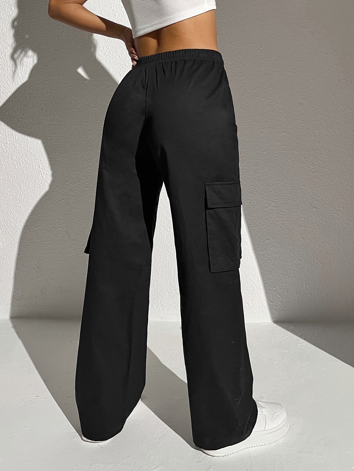 gbolsos Solid Flap Pocket Loose Cargo Pants, Casual Elastic Waist Versatile Pants, Women's Clothing