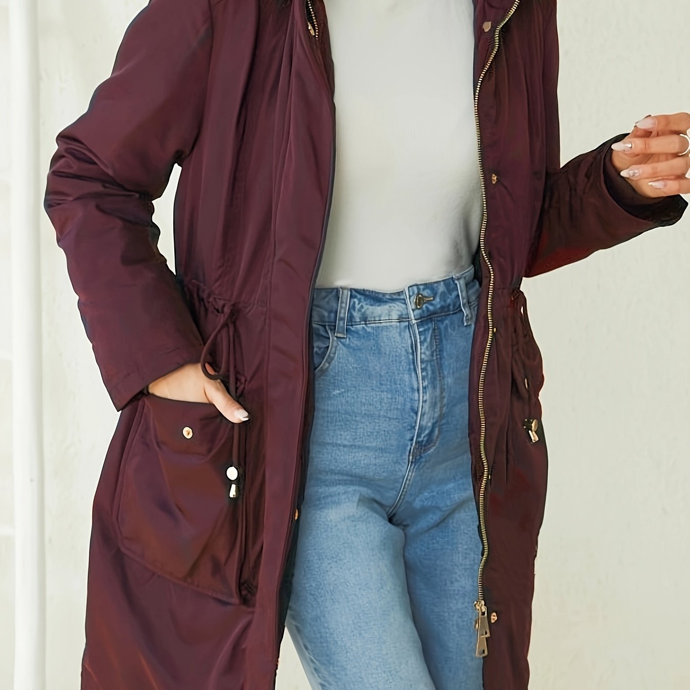 gbolsos Faux Fur Trim Hooded Coat, Casual Zip & Button Front Long Sleeve Winter Warm Outerwear, Women's Clothing