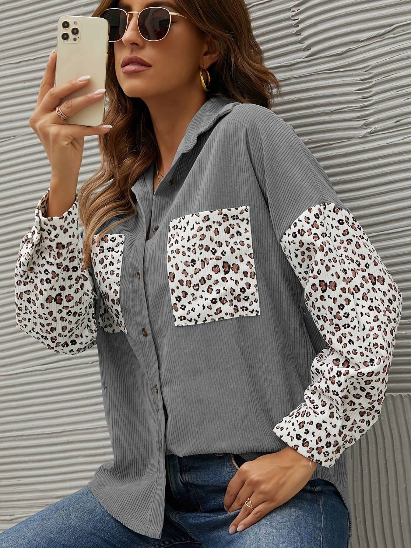 gbolsos Corduroy Leopard Print Stitching Coat, Casual Lapel Long Sleeve Button Down Fashion Loose Outerwear, Women's Clothing