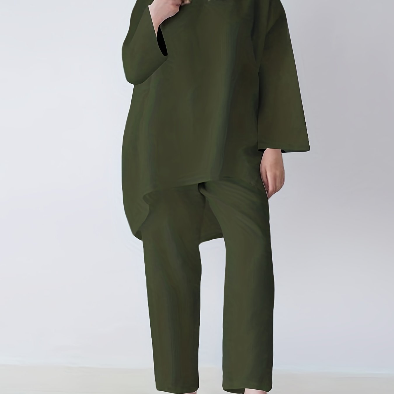 gbolsos Solid Casual Two-piece Set, Long Sleeve Crew Neck Loose Tops & Wide Leg Pants Outfits, Women's Clothing
