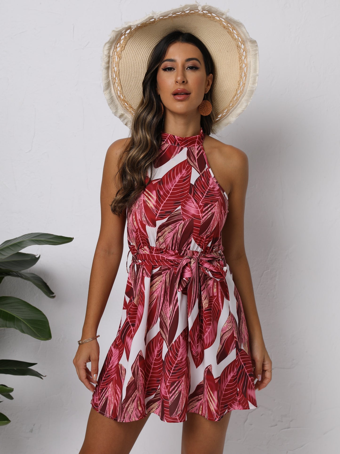 Leaf Print Halter Neck Dress, Boho Sleeveless Tie Front Dress For Spring & Summer, Women's Clothing