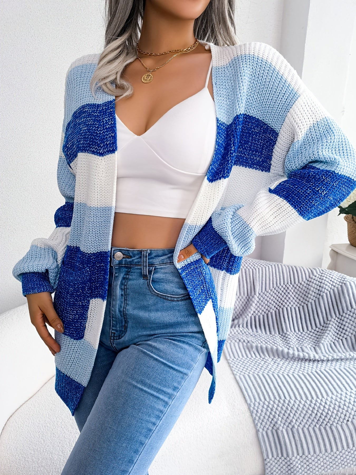 gbolsos Striped Colorblock V-neck Cardigans, Casual Loose Drop Shoulder Long Sleeve Fall Winter Knit Cardigan, Women's Clothing