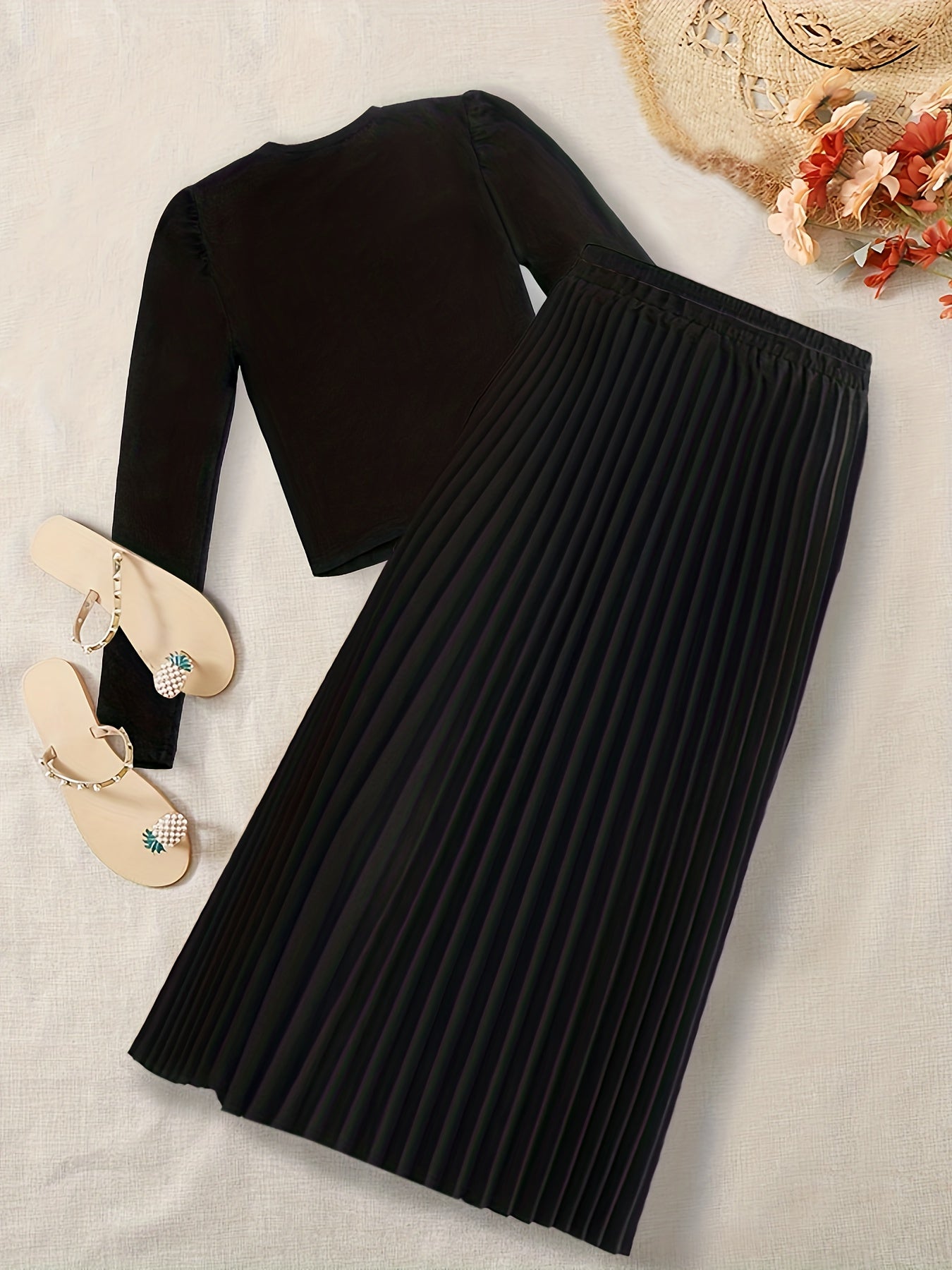 Solid Elegant Two-piece Set, Crew Neck Long Sleeve Tops & Pleated Skirts Outfits, Women's Clothing