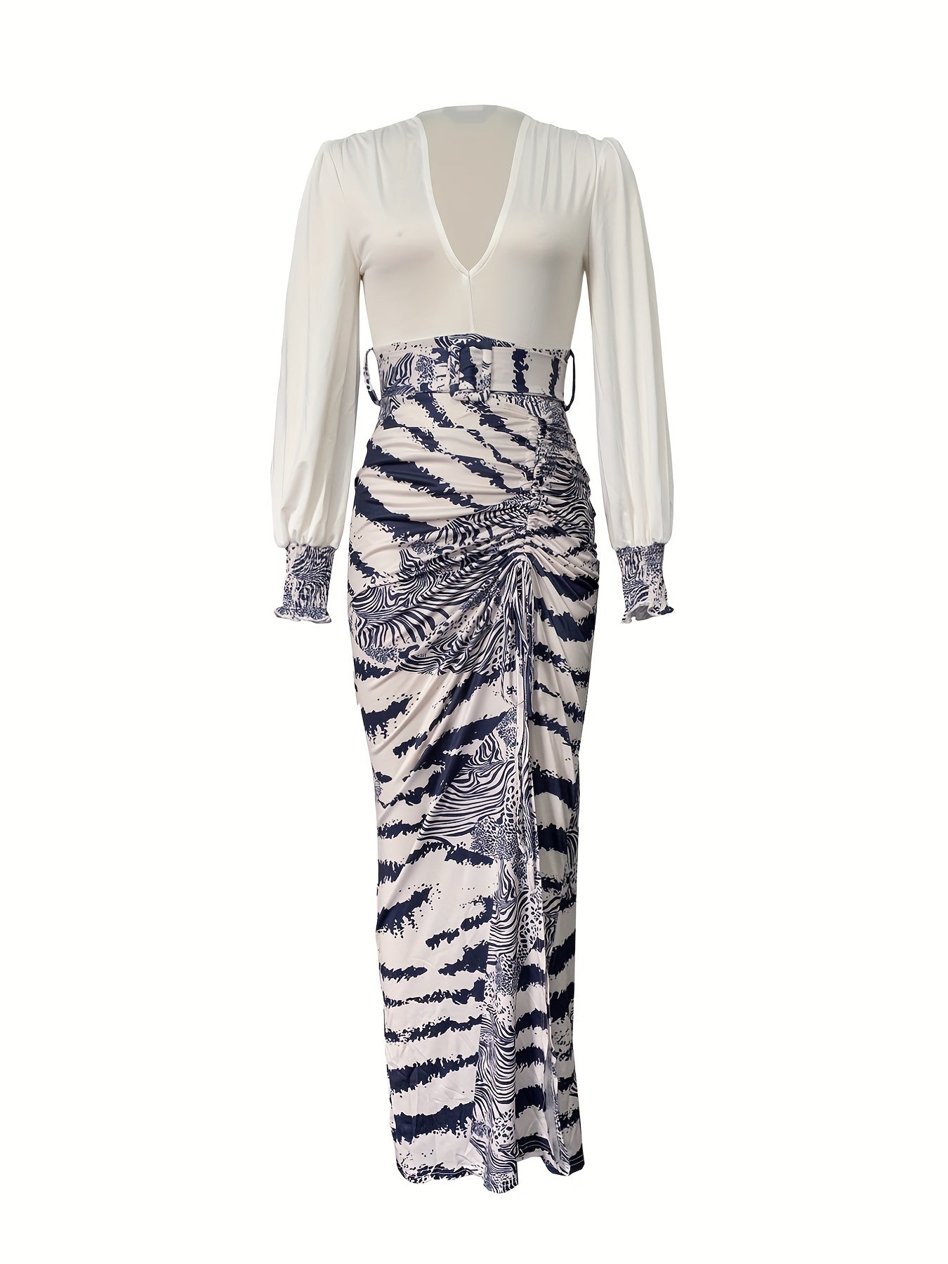 gbolsos Graphic Print Splicing Dress, Vacation Split Thigh Plunging Long Sleeve Maxi Dress, Women's Clothing