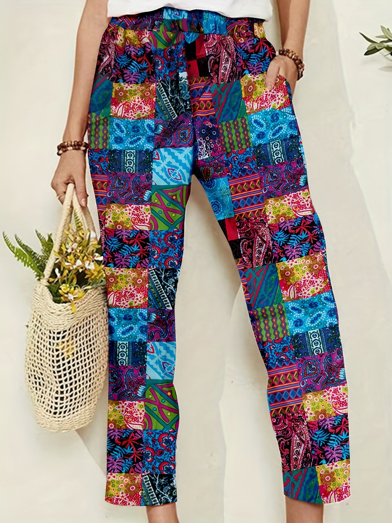 Patchwork Print Elastic Waist Pants, Casual Pants For Spring & Summer, Women's Clothing