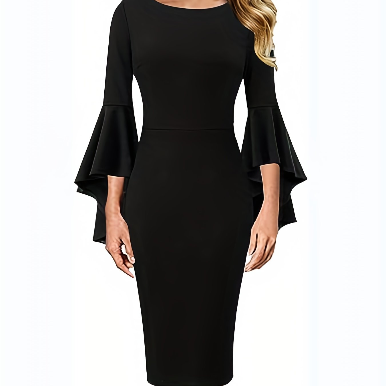 gbolsos Solid Flare Sleeve Slim Dress, Elegant Bodycon Dress For Party & Banquet, Women's Clothing