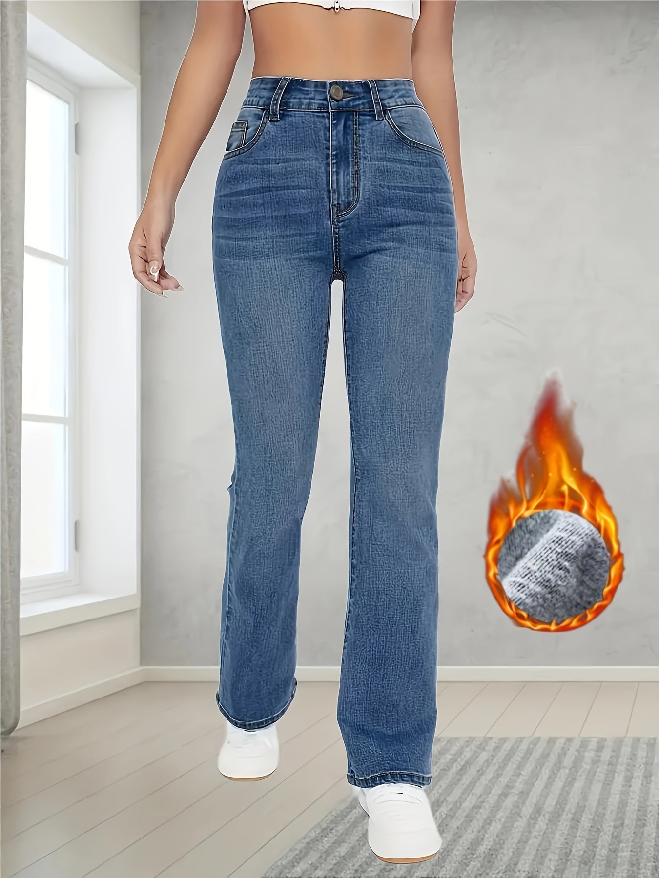 High Waist Warm Straight Jeans, Stylist Stretchy Elegant Winter Fleece Denim Pants, Women's Denim Jeans & Clothing