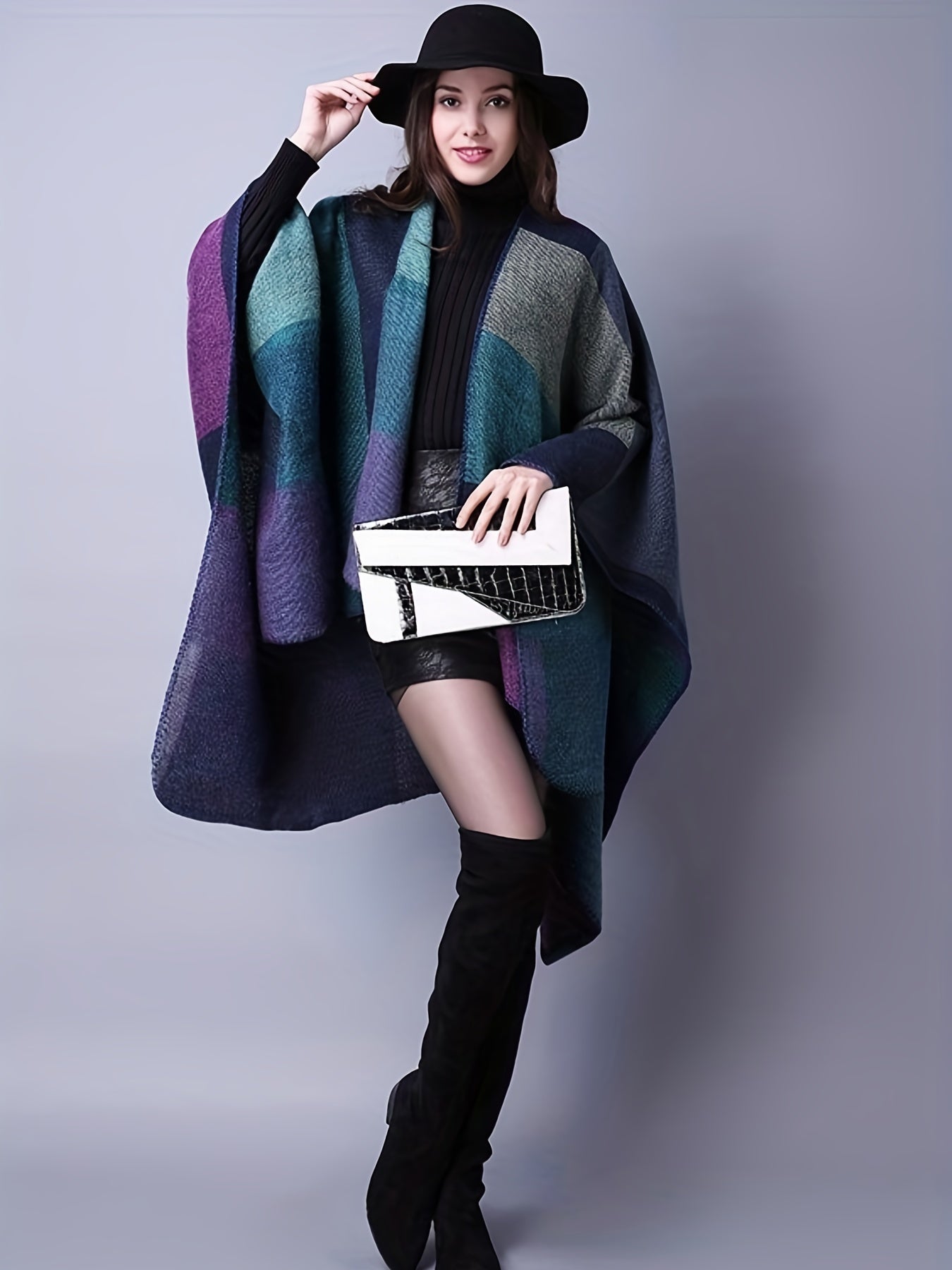 Plus Size Casual Coat, Women's Plus Colorblock Batwing Sleeve Open Front Slight Stretch Cape Coat