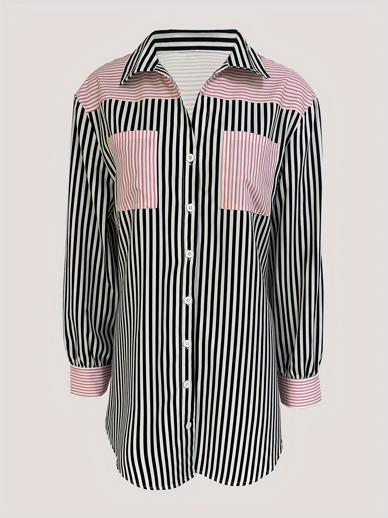 gbolsos Colorblock Striped Polo Collar Button Shirt, Casual Pocket Long Sleeve Shirt For Spring & Fall, Women's Clothing