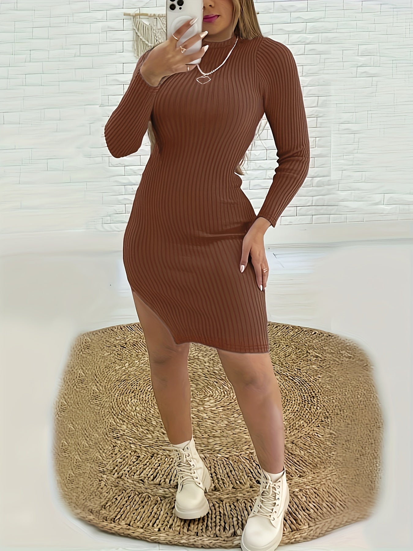 gbolsos Ribbed Split Solid Dress, Casual Mock Neck Long Sleeve Dress, Women's Clothing