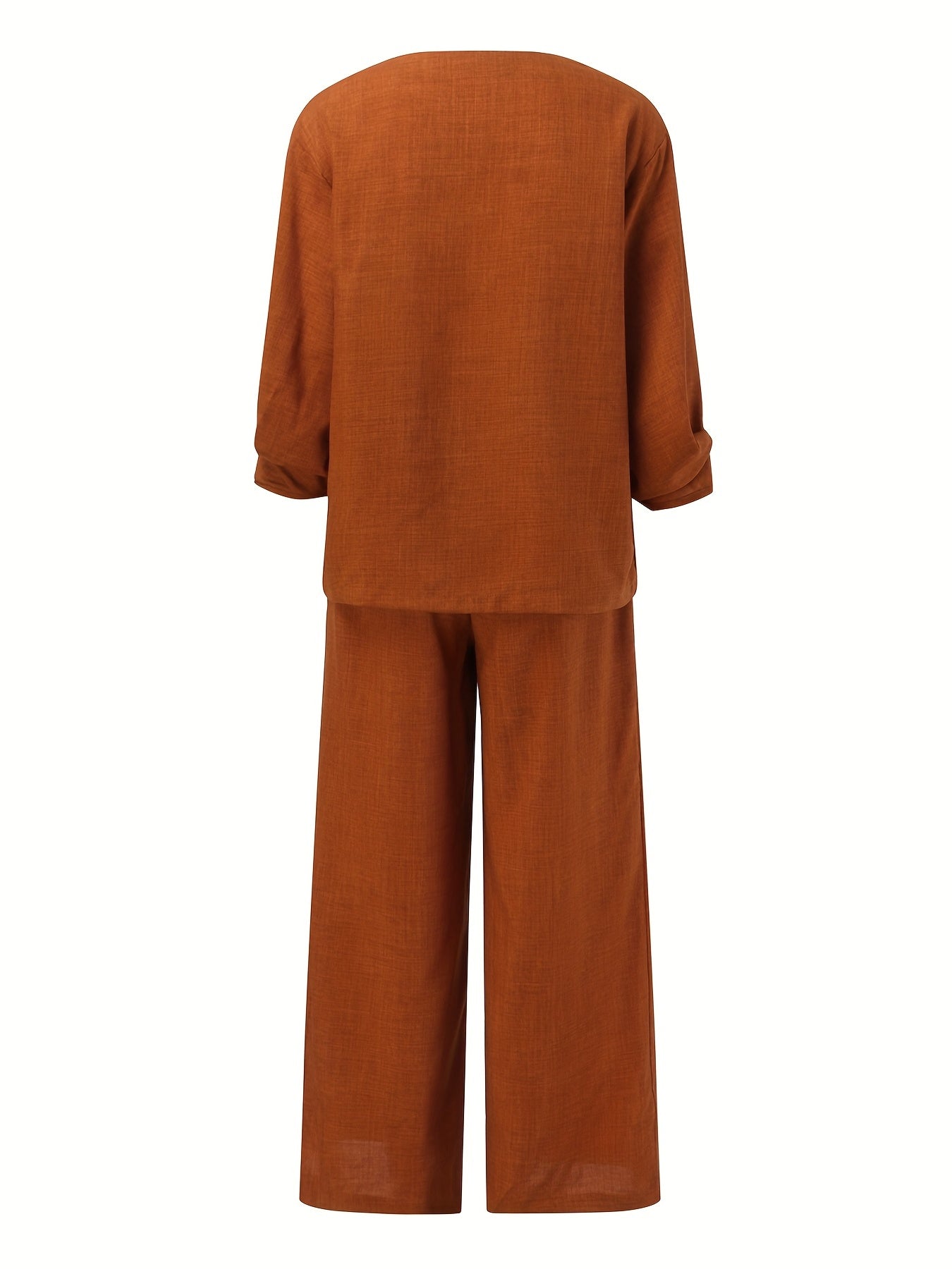 Solid Casual Two-piece Set, V Neck Lantern Sleeve Tops & Wide Leg Pants Outfits, Women's Clothing
