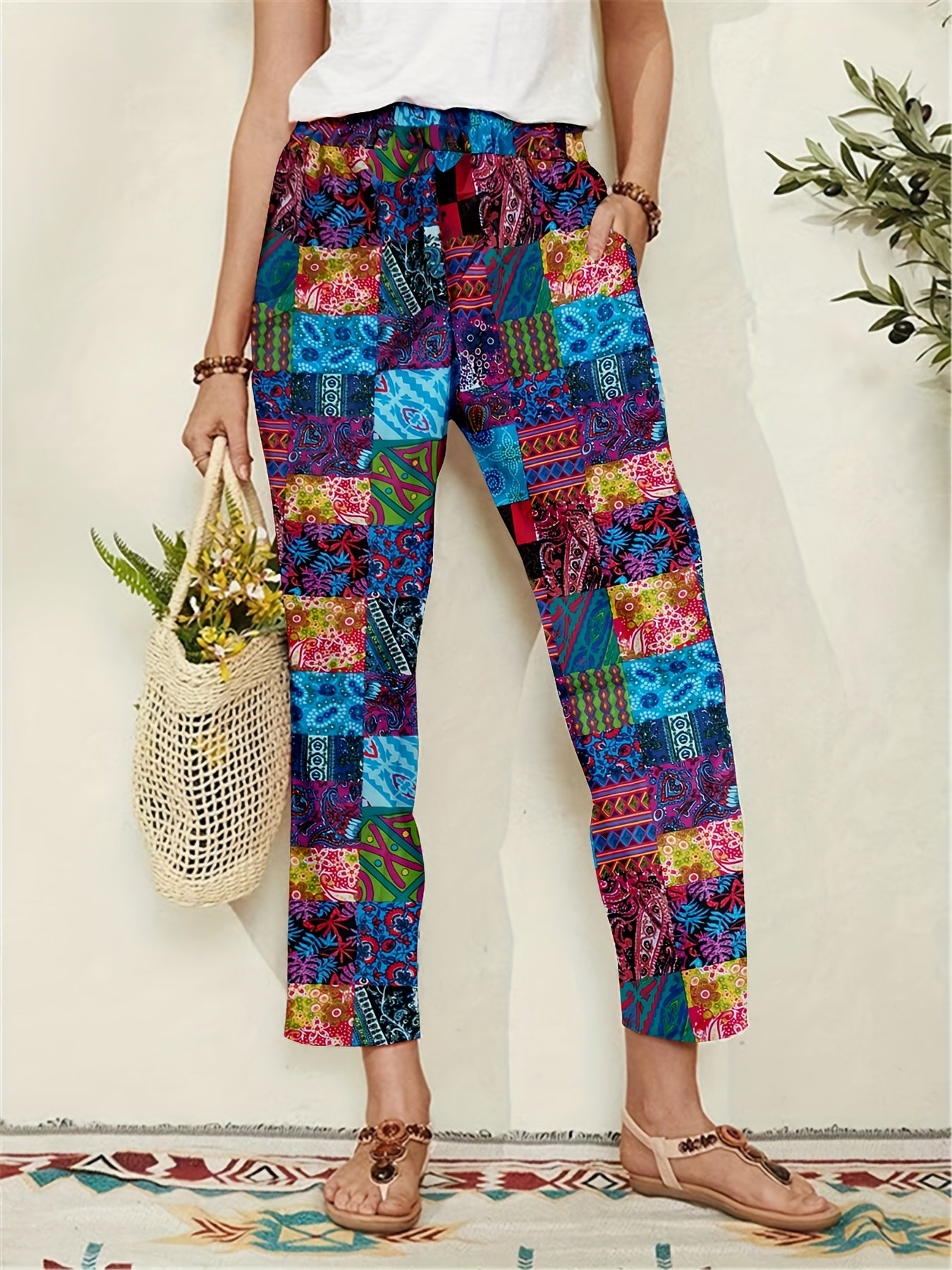 Patchwork Print Elastic Waist Pants, Casual Pants For Spring & Summer, Women's Clothing