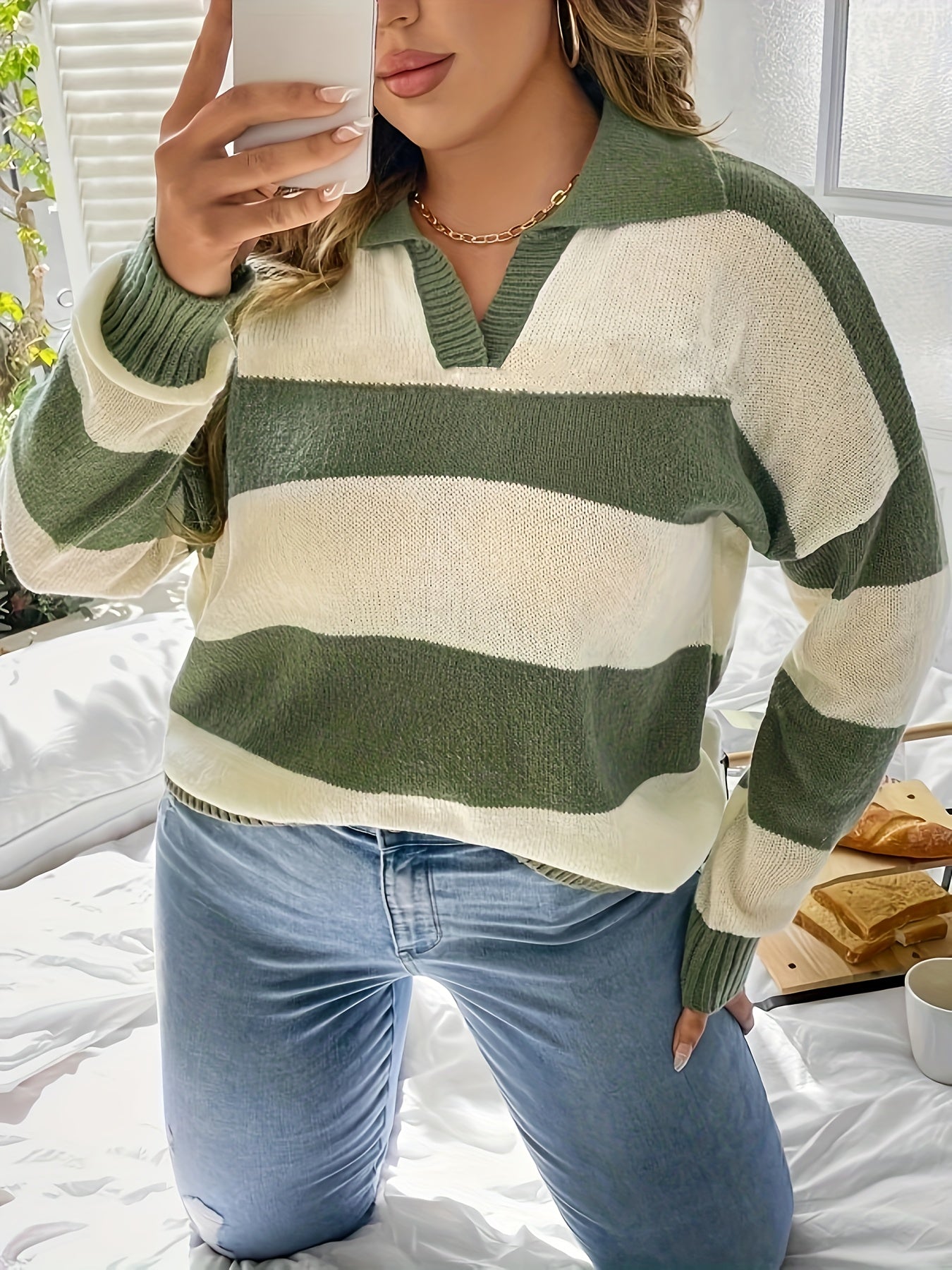 gbolsos Plus Size Casual Sweater, Women's Plus Colorblock Stripe Print Drop Shoulder Long Sleeve V Neck Lapel Collar Slight Stretch Pullover Sweater