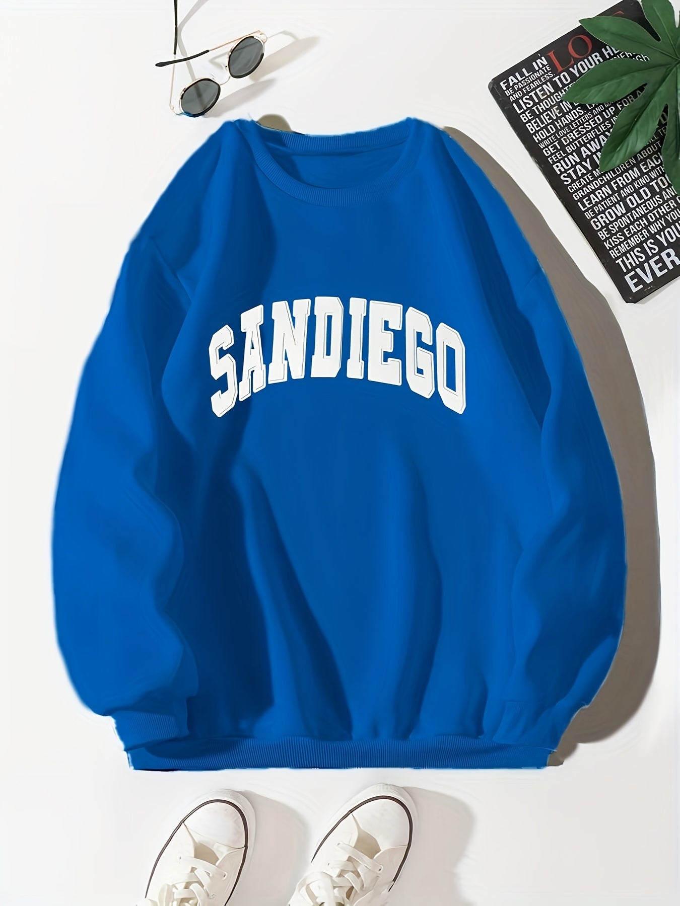 gbolsos Sandiego Letter Print Sweatshirt, Casual Crew Neck Long Sleeve Sweatshirt, Women's Clothing