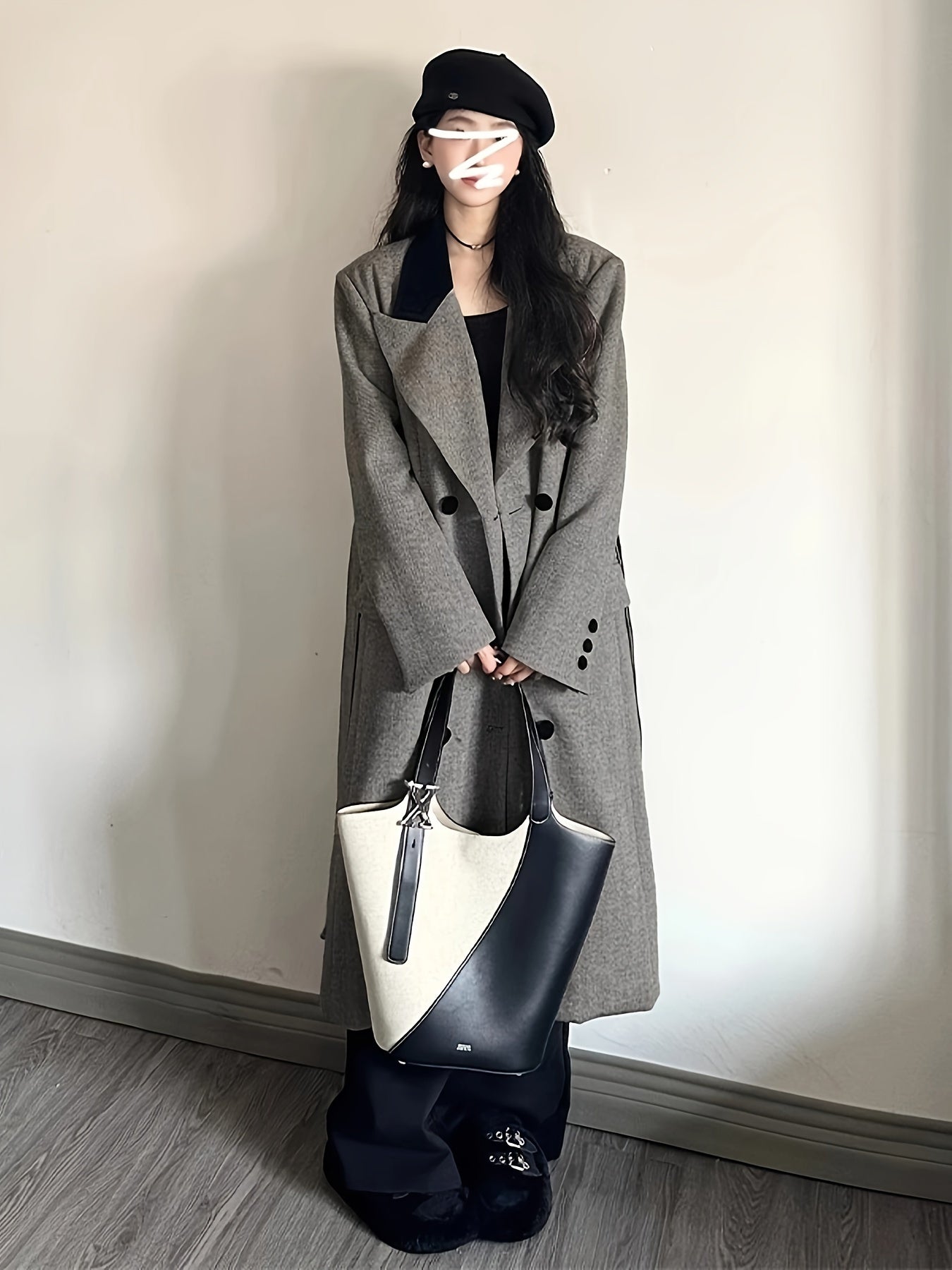 gbolsos Color Block Double-breasted Coat, Casual Long Sleeve Back Vent Tie Lapel Overcoat For Fall & Winter, Women's Clothing