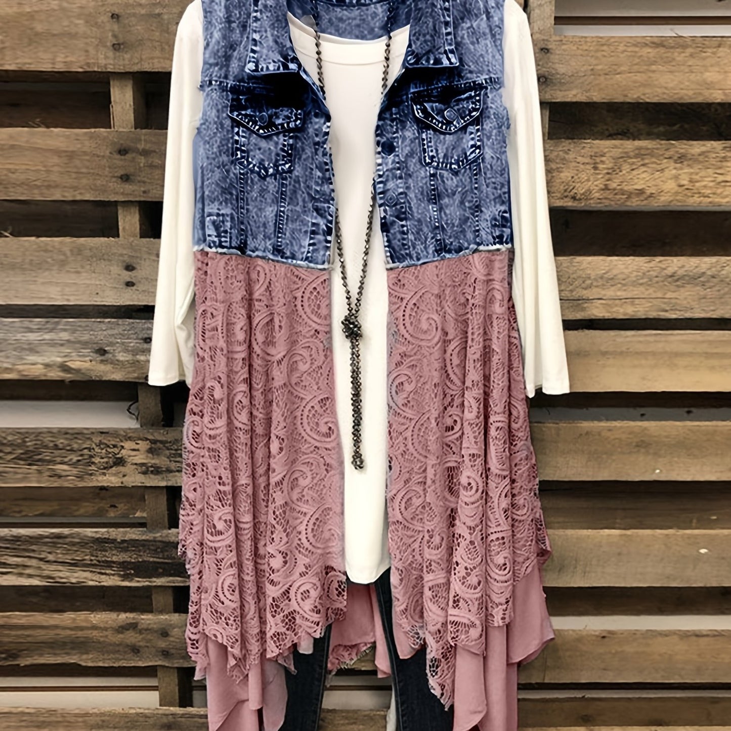 Lace High Low Trim Denim Vest Dress, Flap Pockets Raw Hem Lady Distressed Vest Dress, Women's Denim & Clothing