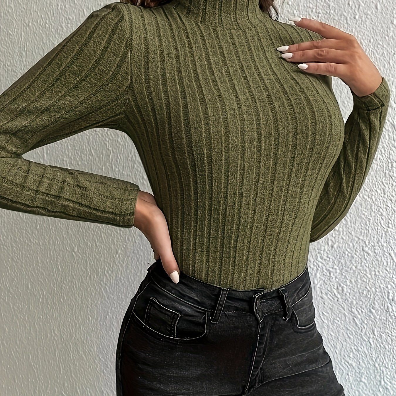 gbolsos Solid Turtleneck Knit Top, Elegant Slim Long Sleeve Sweater For Spring & Fall, Women's Clothing