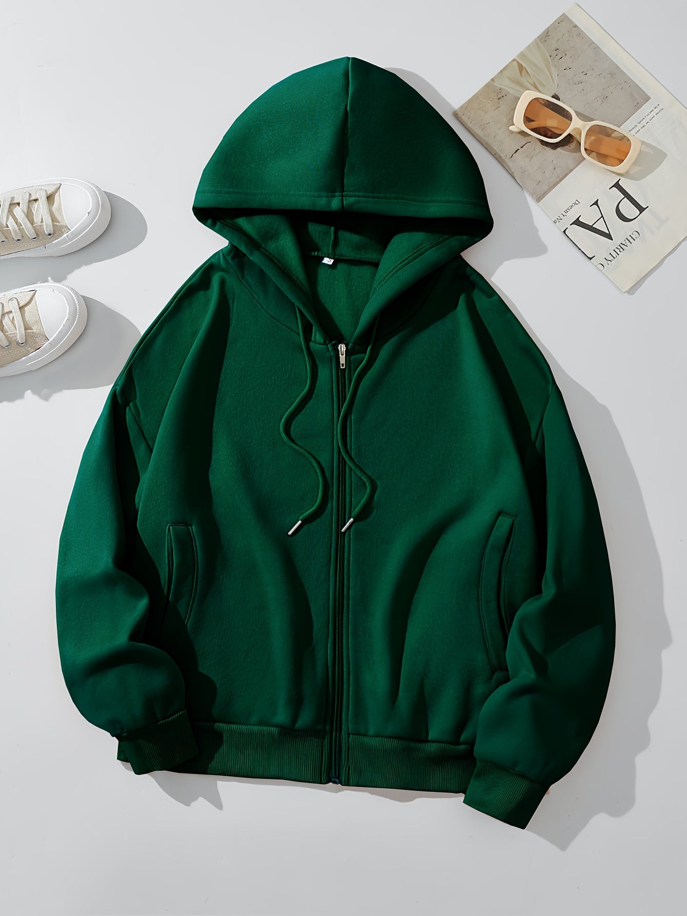 gbolsosSolid Zip Up Hoodie With Pocket, Drawstring Long Sleeves Active Hooded Sweatshirt