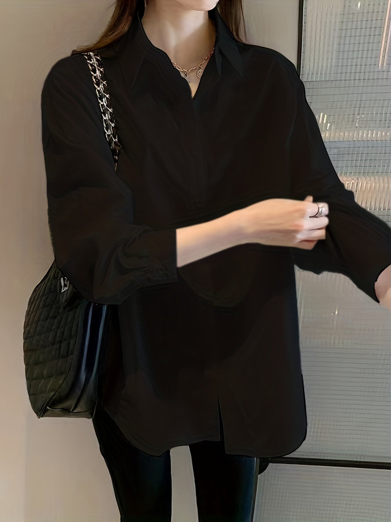 V-neck Loose Lapel Shirts, Casual Button Down Long Sleeve Fashion Blouses Tops, Women's Clothing