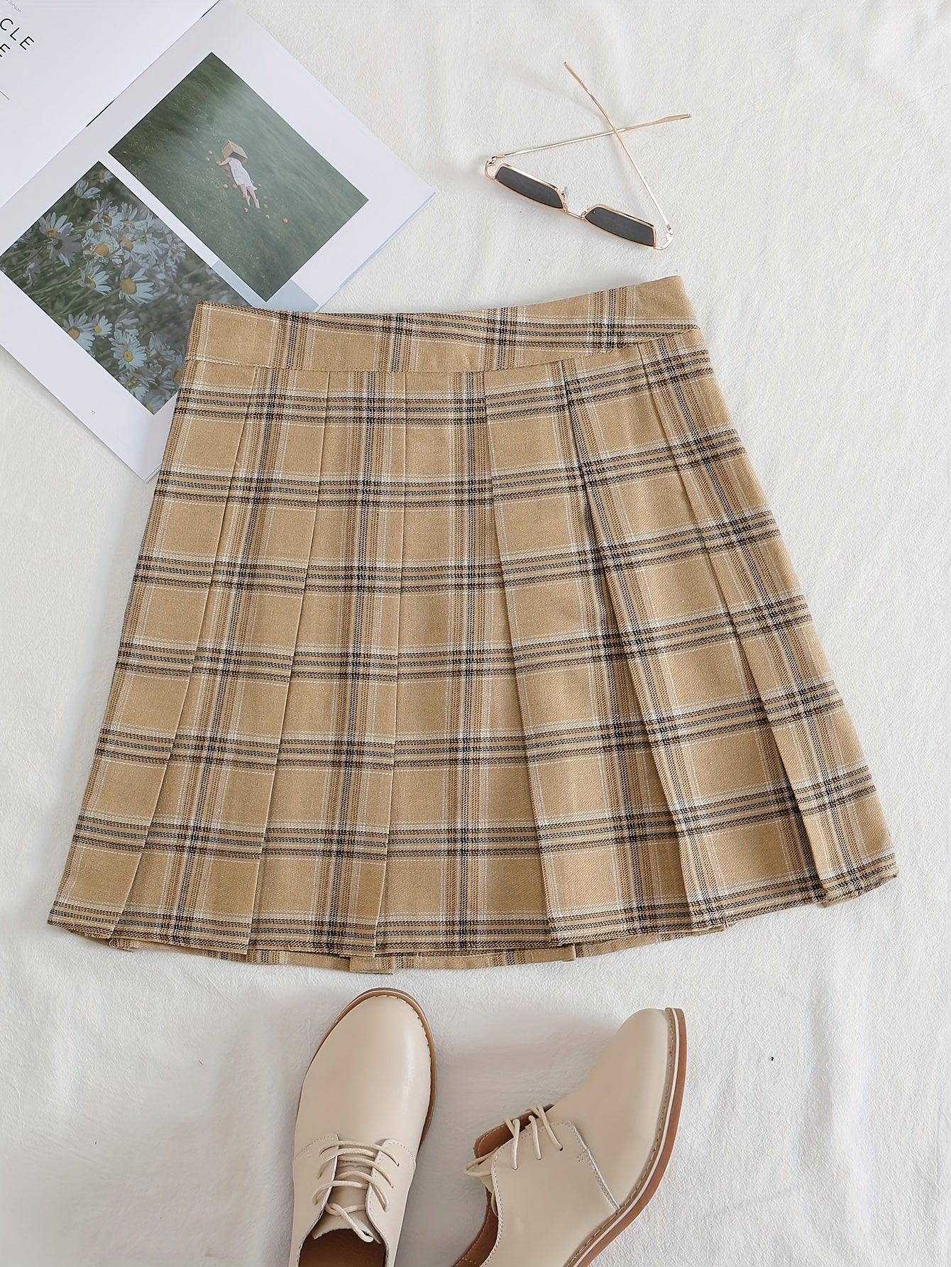 gbolsos Plaid Print Pleated Skirt, Casual Every Day Mini Skirt, Women's Clothing