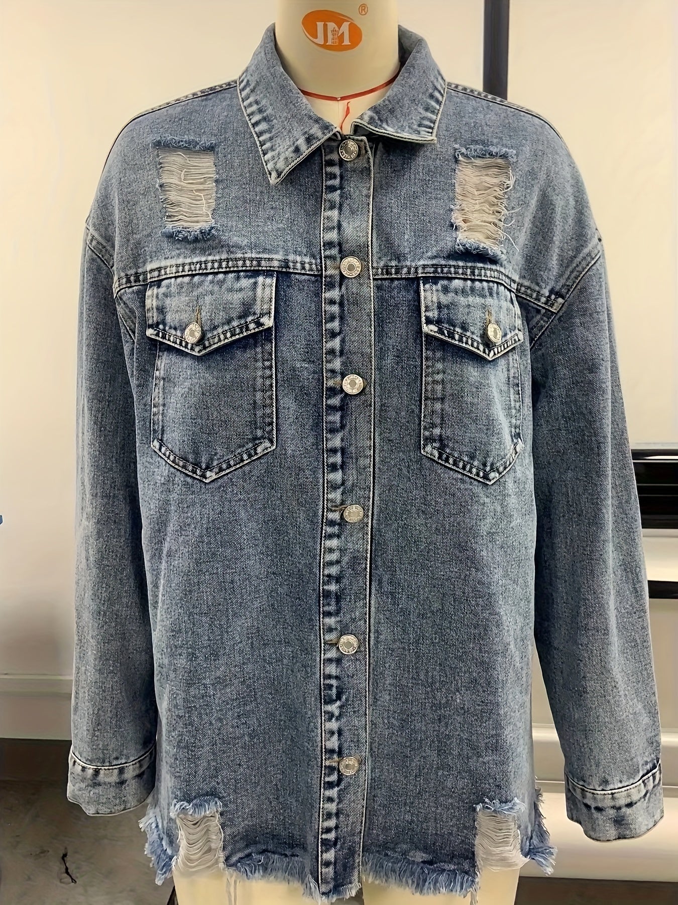 Dark Blue Raw Hem Denim Jackets, Long Sleeves Ripped Holes Flap Pockets Lapel Denim Coats, Women's Denim Clothing