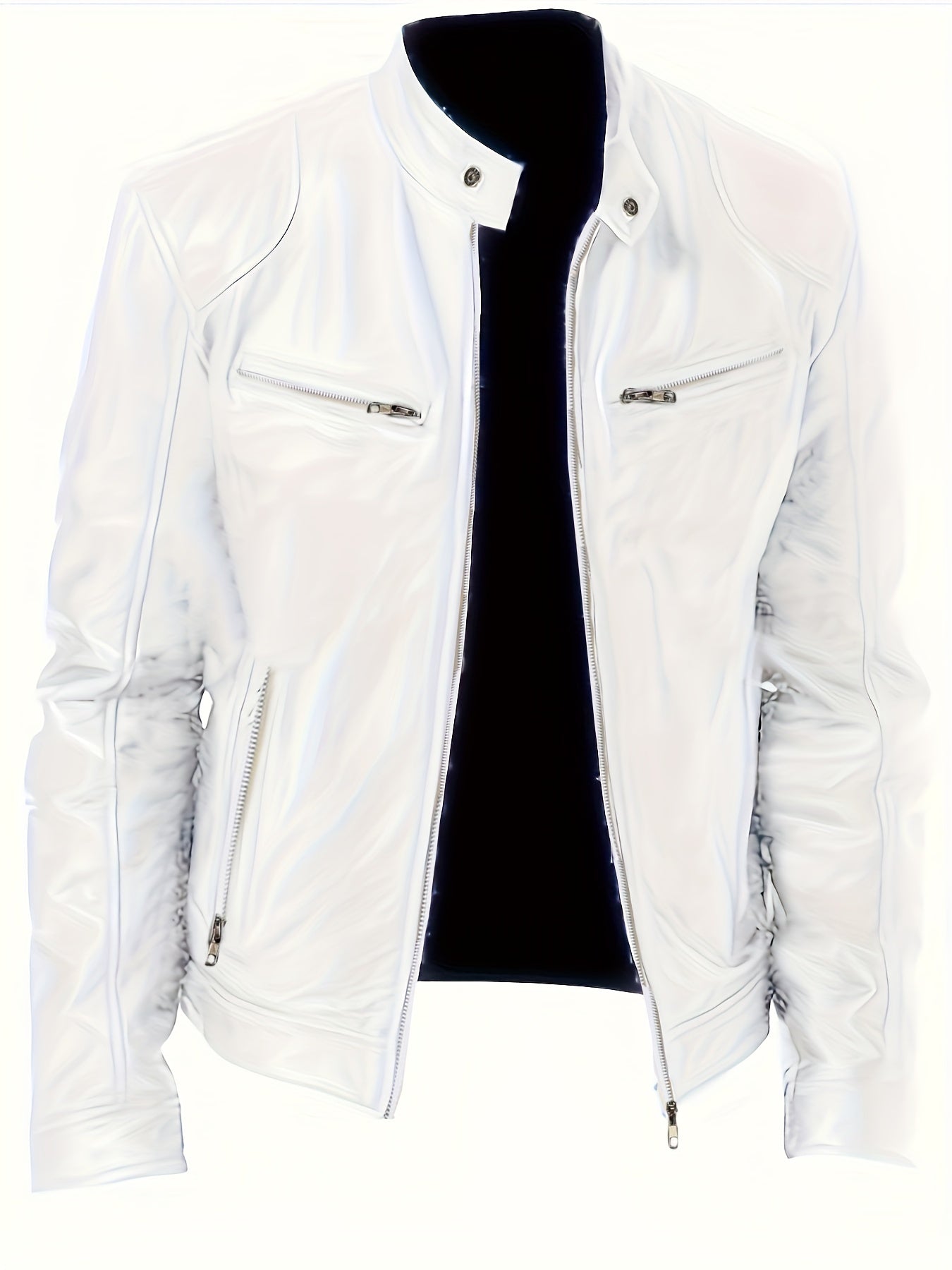 gbolsos Zipper Pockets PU Jacket, Men's Casual Solid Color Zip Up Stand Collar Faux Leather Jacket For Spring Fall