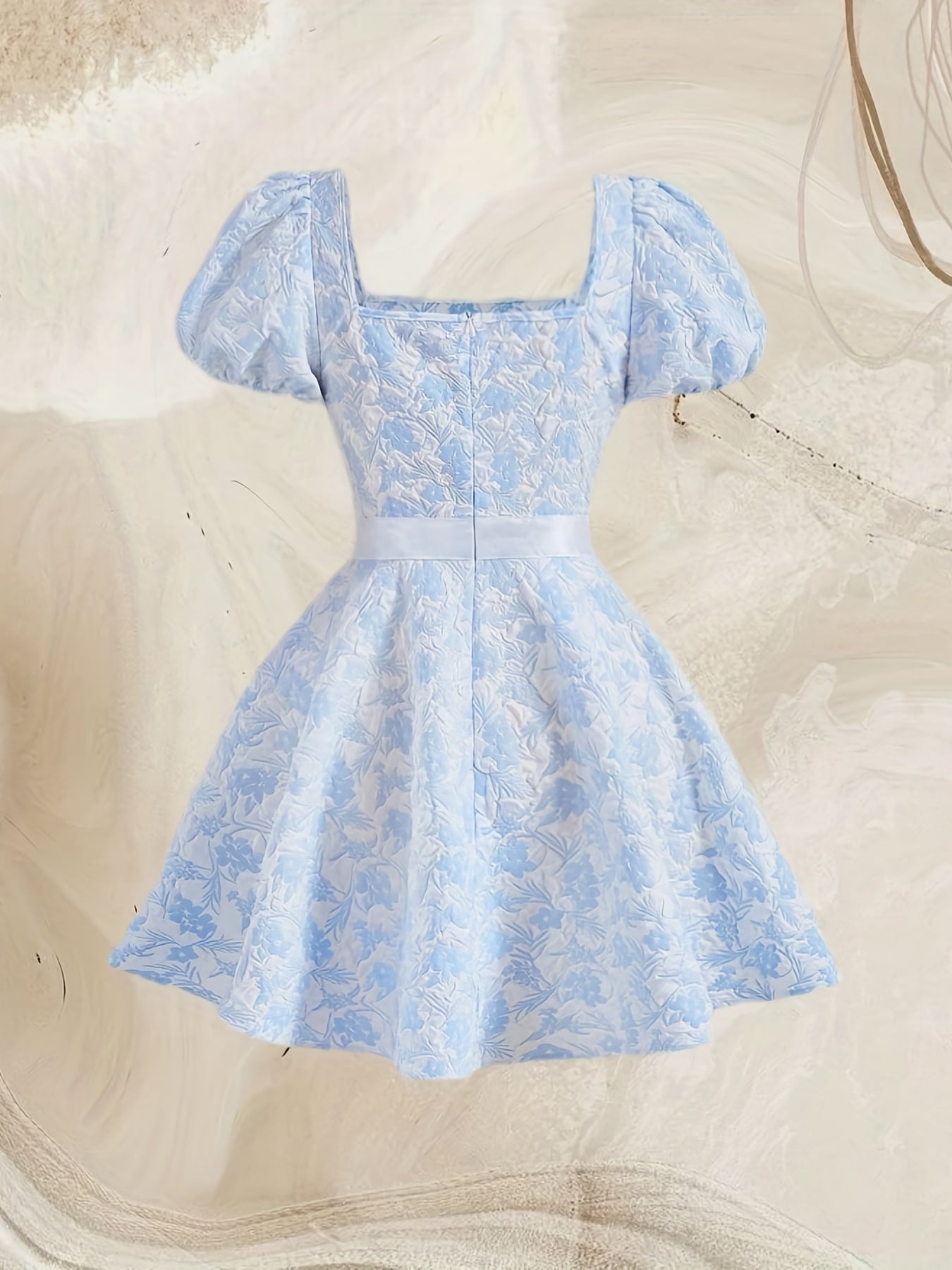 Floral Print Bow Decor Dress, Vintage Puff Sleeve Squared Neck Dress, Women's Clothing