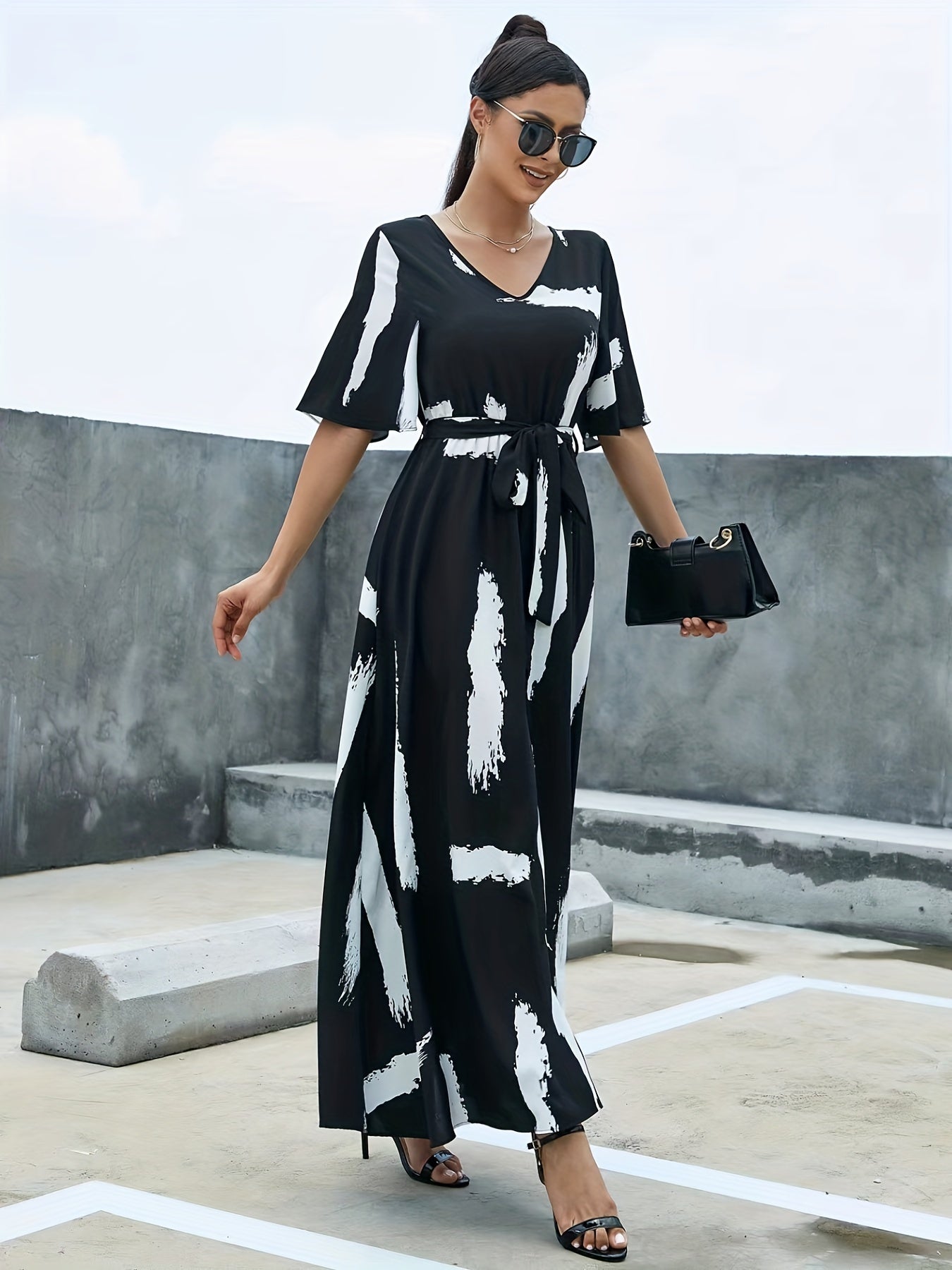gbolsos Flutter Sleeve Belted Maxi Dress, Casual Dress For Spring & Summer, Women's Clothing