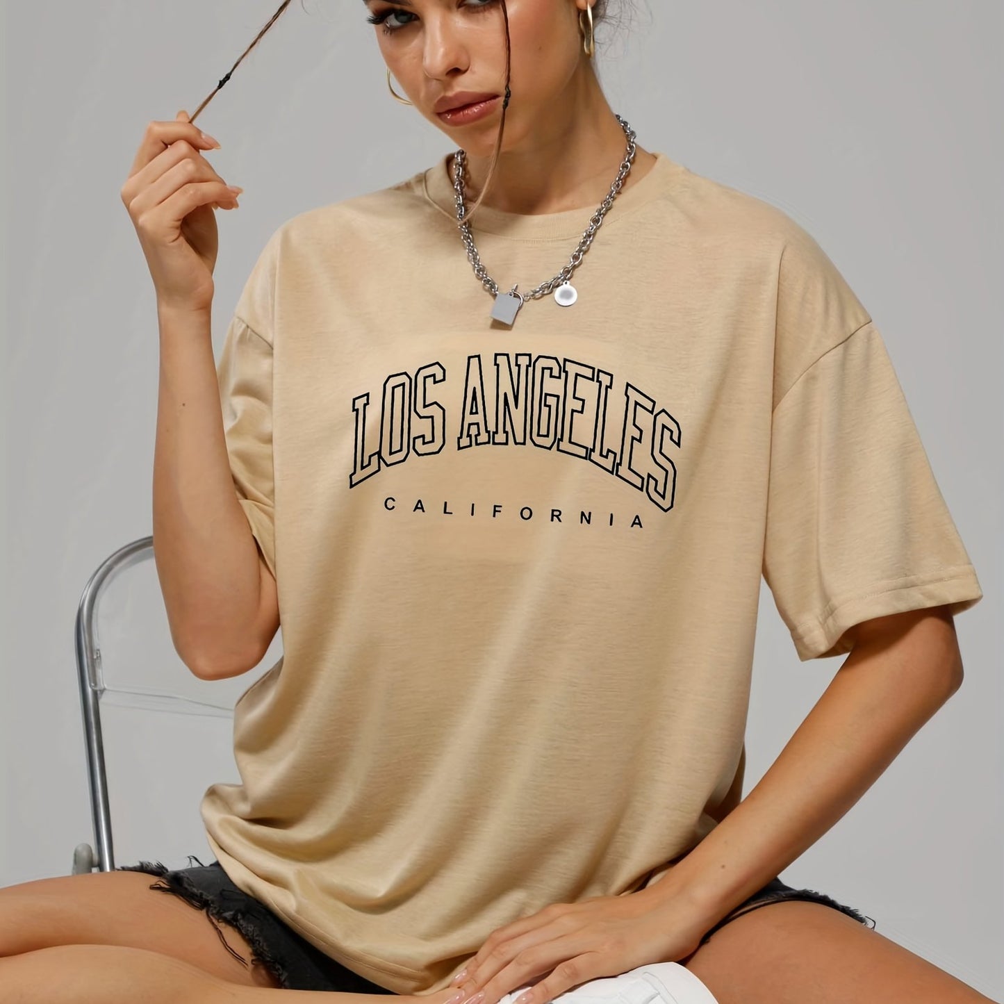 gbolsos Solid Color Letter Print Casual Sports T Shirt, Soft Crew Neck Short Sleeve Tee, Women's Clothing