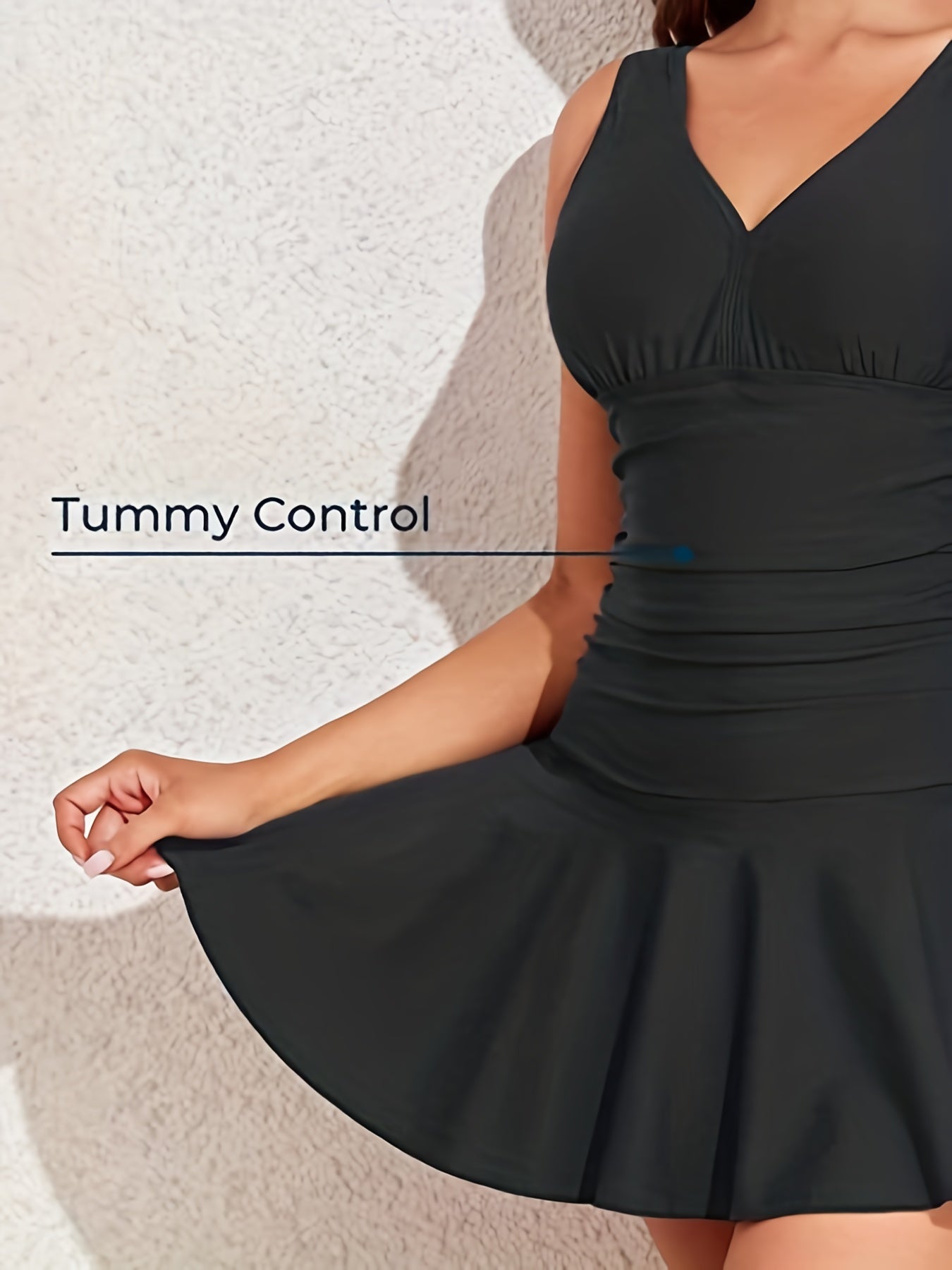 elveswallet Ruched Tummy Control Black One Piece Swimsuit, High Stretch V Neck Comfy Wide Strap Skirted Solid Color Bathing Suit, Women's Swimwear & Clothing