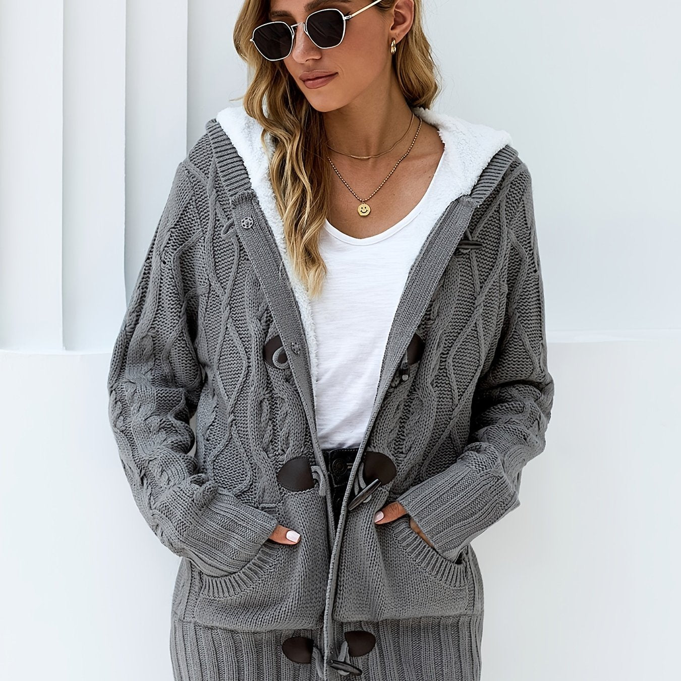 gbolsos Women's Outerwear Raw Hooded Flare Button Sweater Cardigan