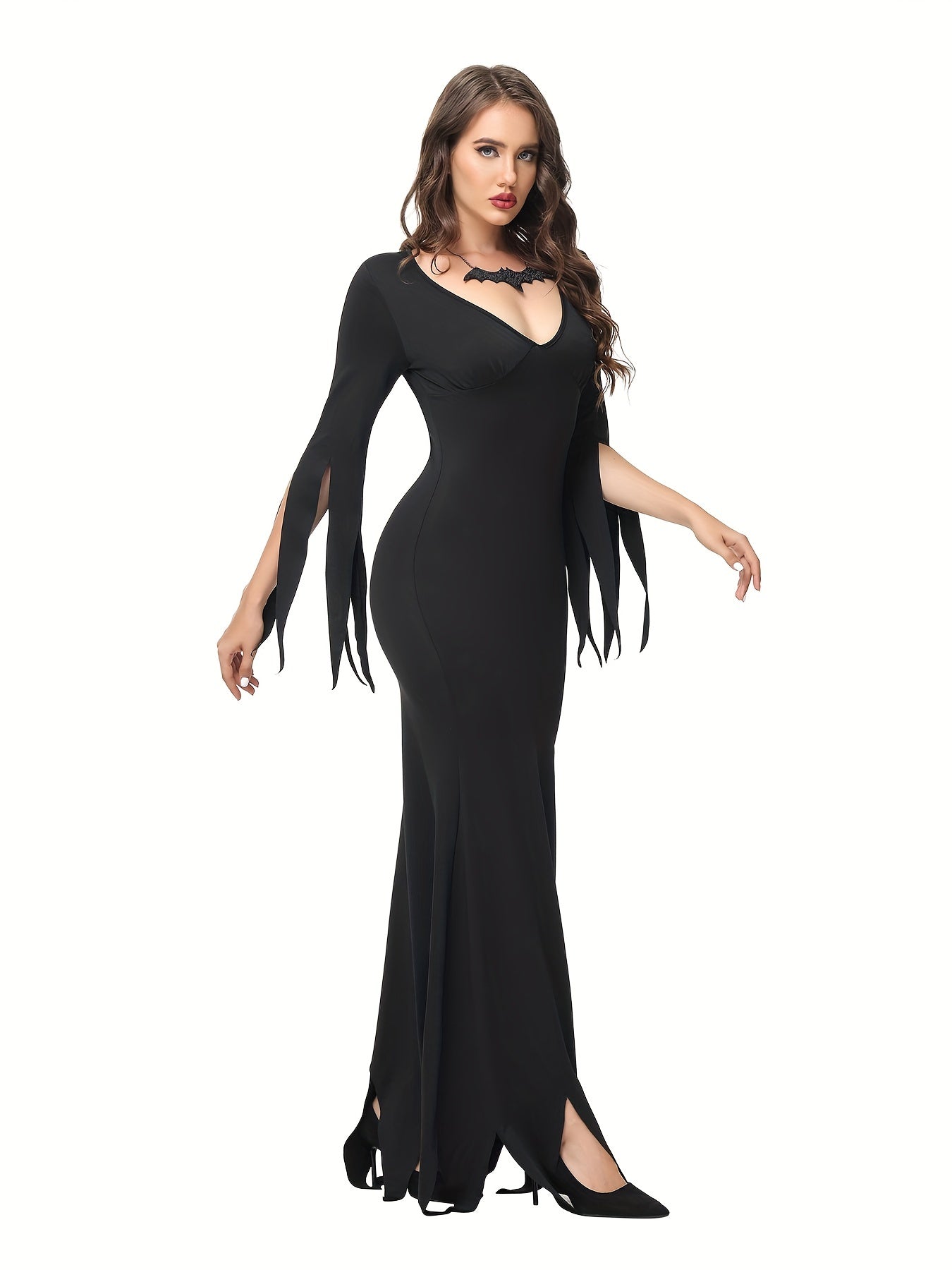 Halloween Style V-neck Split Dress, Elegant Bodycon Slim Maxi Length Dress, Halloween Witch Costume, Women's Clothing