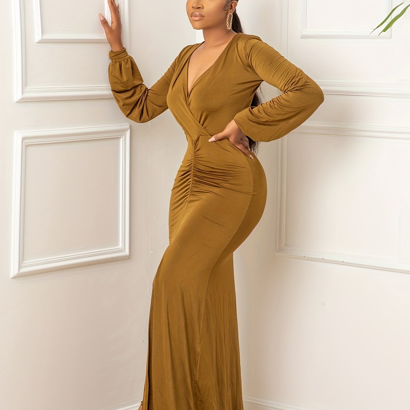 gbolsos Solid Surplice Neck Pleated Slit Dress, Casual Long Sleeve Dress For Spring & Fall, Women's Clothing