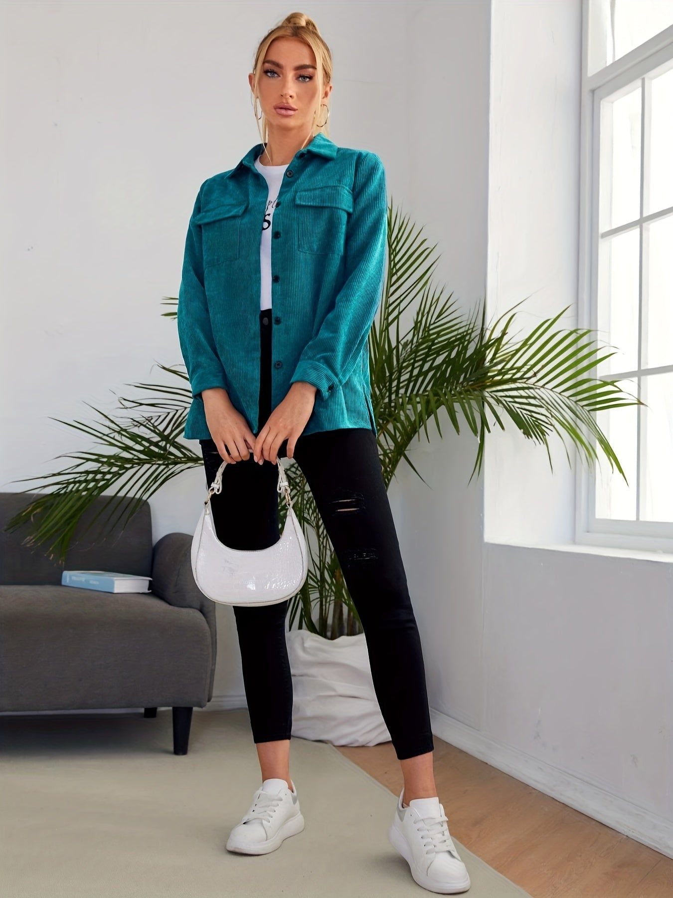 gbolsos Button Front Solid Jacket, Casual Long Sleeve Versatile Outerwear, Women's Clothing