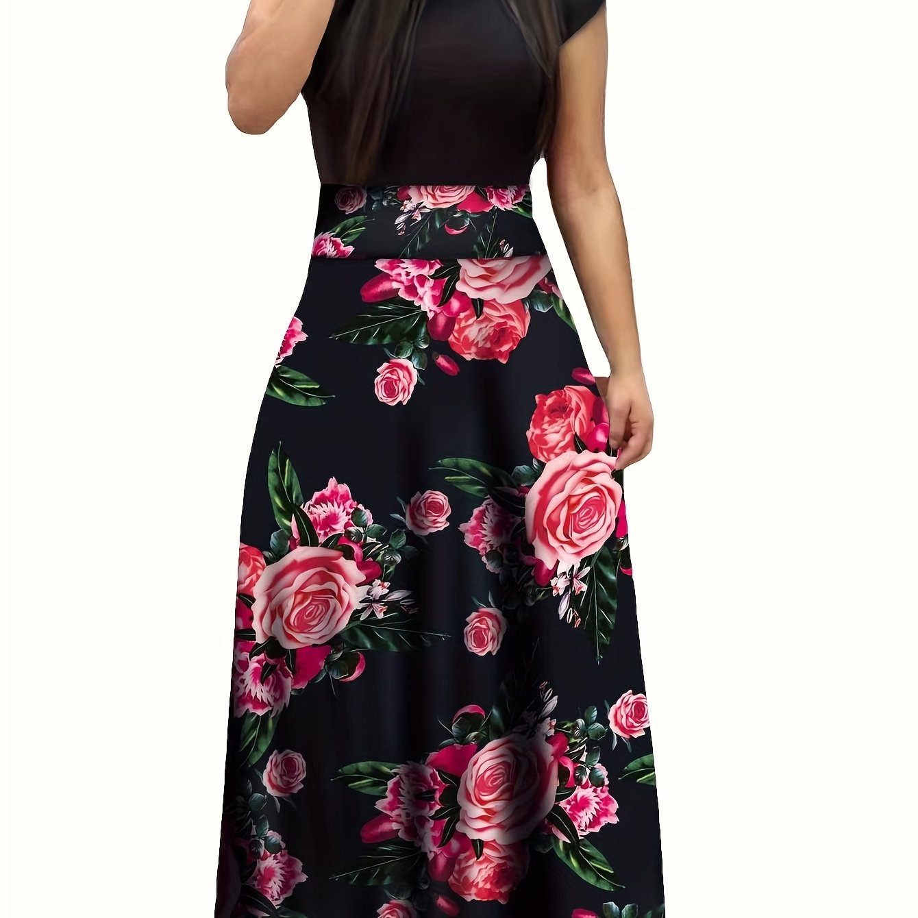 gbolsos Floral Print Splicing Dress, Elegant Crew Neck Short Sleeve Pleated Maxi Dress, Women's Clothing