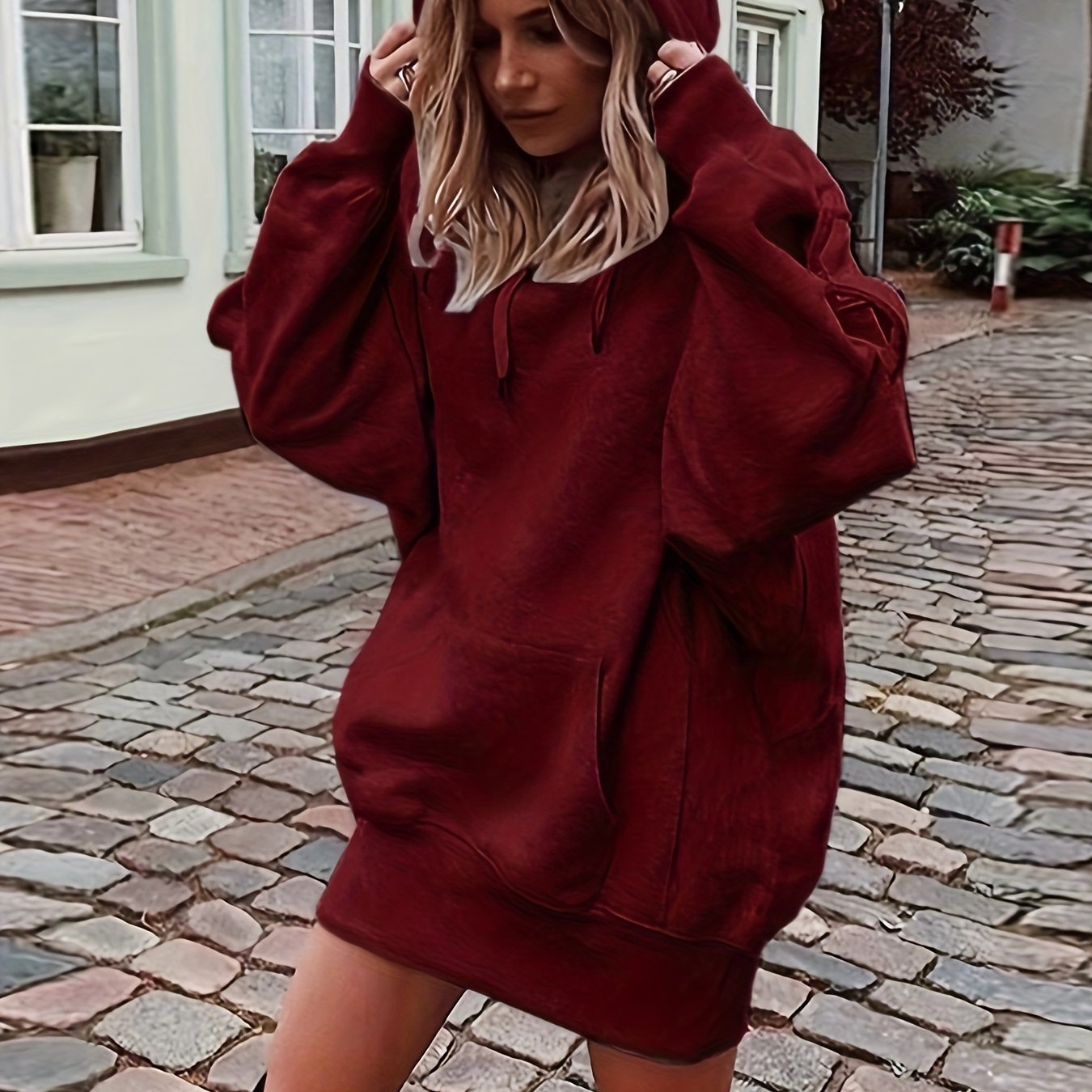 Solid Drawstring Hoodie, Casual Long Sleeve Drop Shoulder Hoodie, Women's Clothing